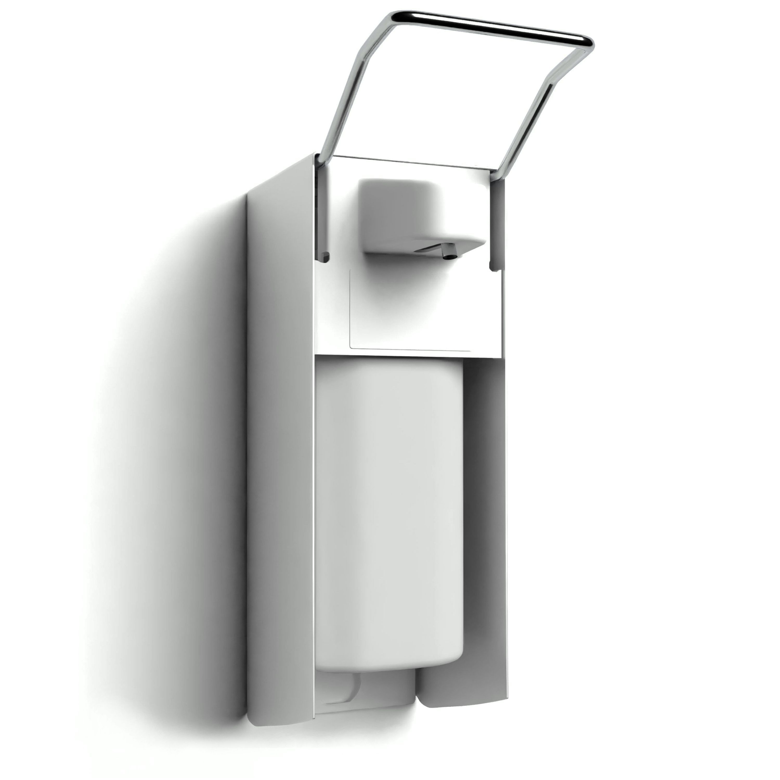 Weißer Wandspender aus Aluminium mit Hebel und Leerbehälter. Der Spender ist an der Wand montiert.
