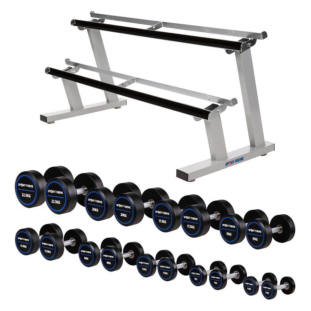 Kurzhantel-Set mit Hantelständer. Schwarze Kurzhanteln mit blauen Gewichtsangaben. Sport-Thieme Logo.