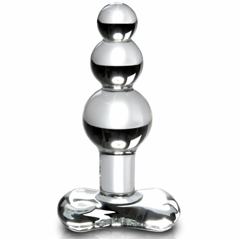 Glas-Plug mit drei Kugeln und einem breiten, tropfenförmigen Fuß. Transparentes Material, glatte Oberfläche.