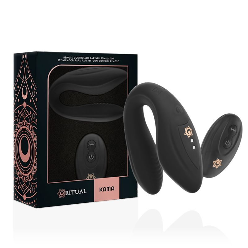 Schwarzes Rithual Kama Vibrator-Set mit Fernbedienung und Verpackung. Die Verpackung zeigt das Produkt und Text.