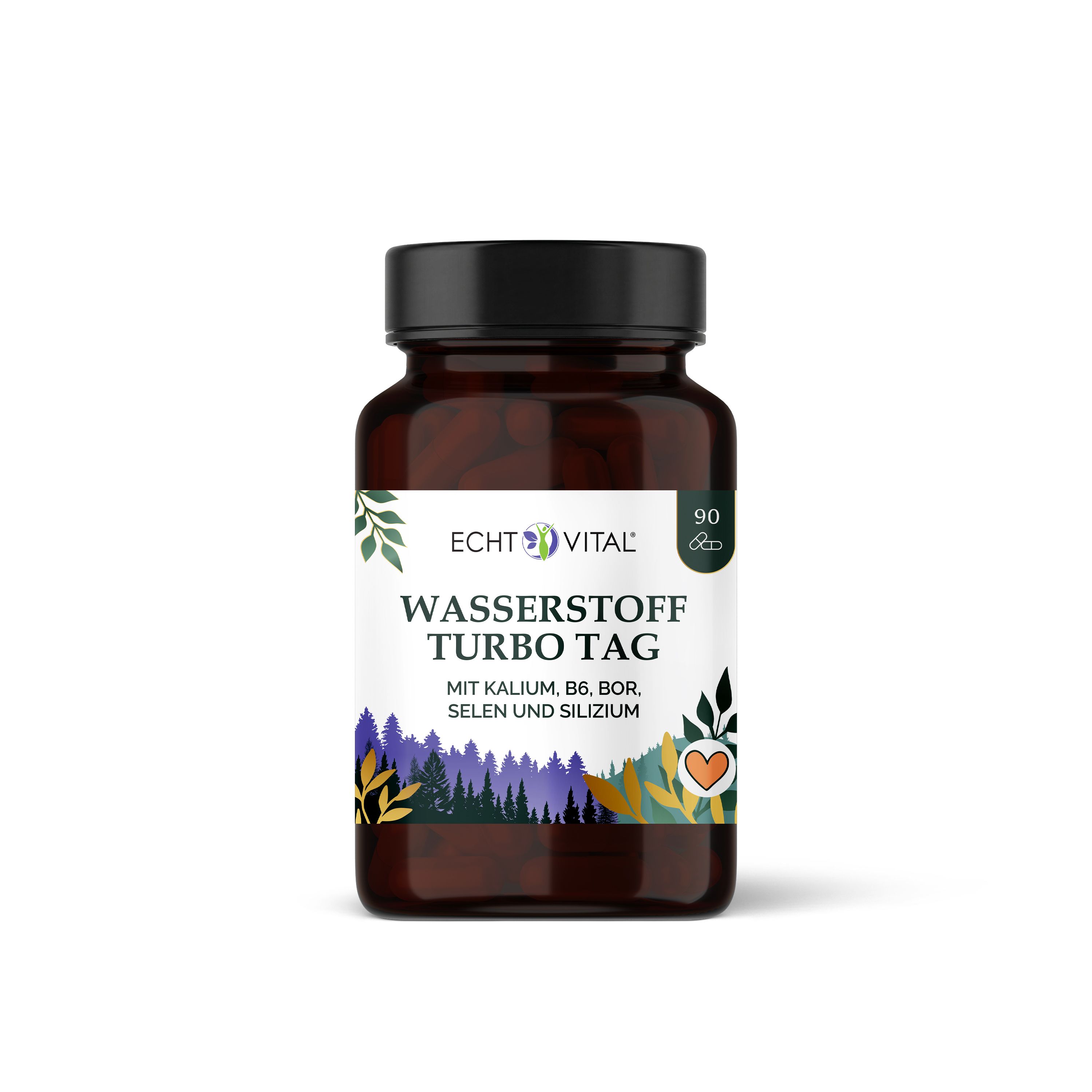Braune Flasche mit schwarzem Deckel. Aufschrift: Echt Vital Wasserstoff Turbo Tag. 90 Kapseln. Weißes Etikett mit Produktinformationen.