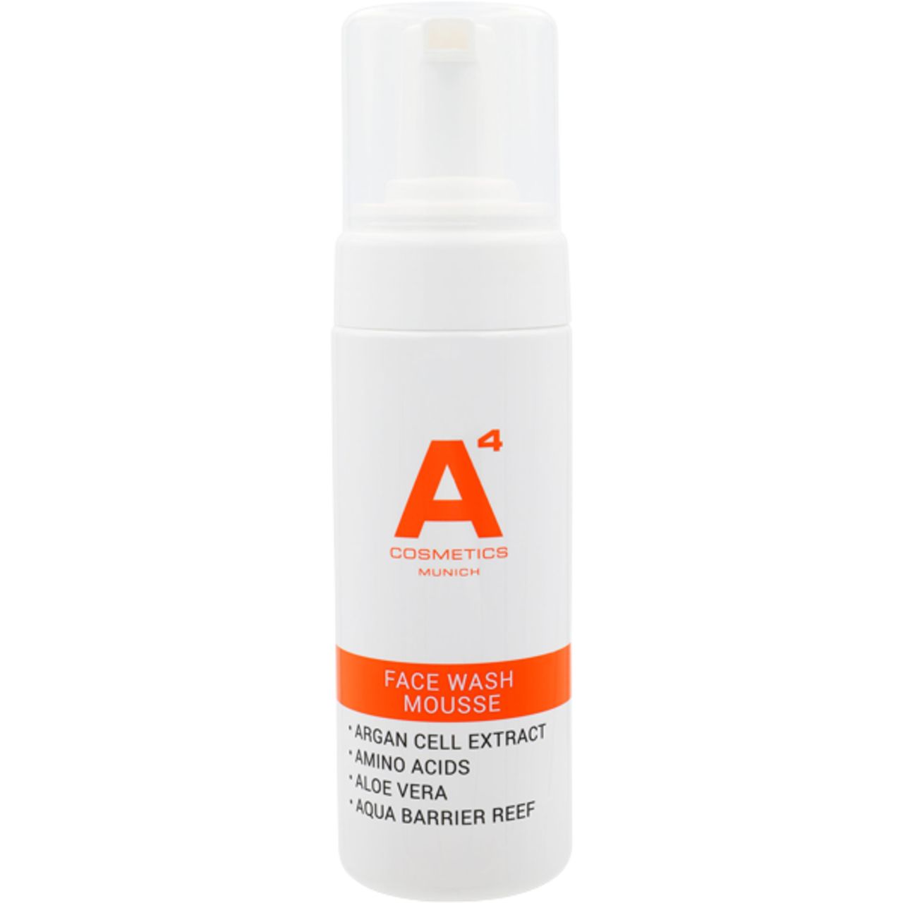 Weiße Flasche mit orangefarbenem Streifen. Aufschrift: A4 Cosmetics, Face Wash Mousse. Inhaltsstoffe: Argan Cell Extract, Aloe Vera.