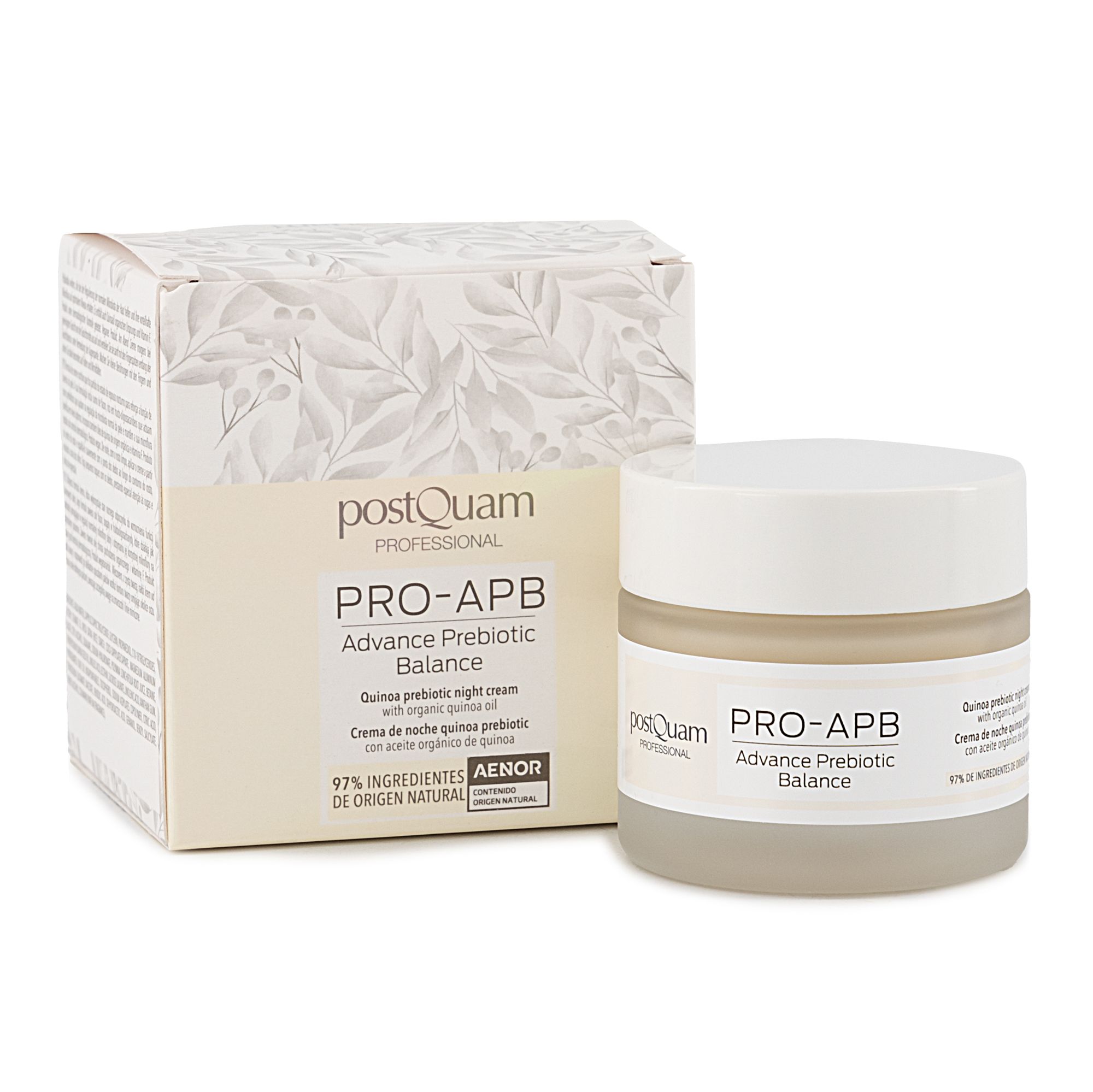 Creme-Tiegel und Verpackung. Aufschrift: Postquam, PRO-APB, Advance Prebiotic Balance. 97% Inhaltsstoffe natürlichen Ursprungs. AENOR-Zertifizierung.