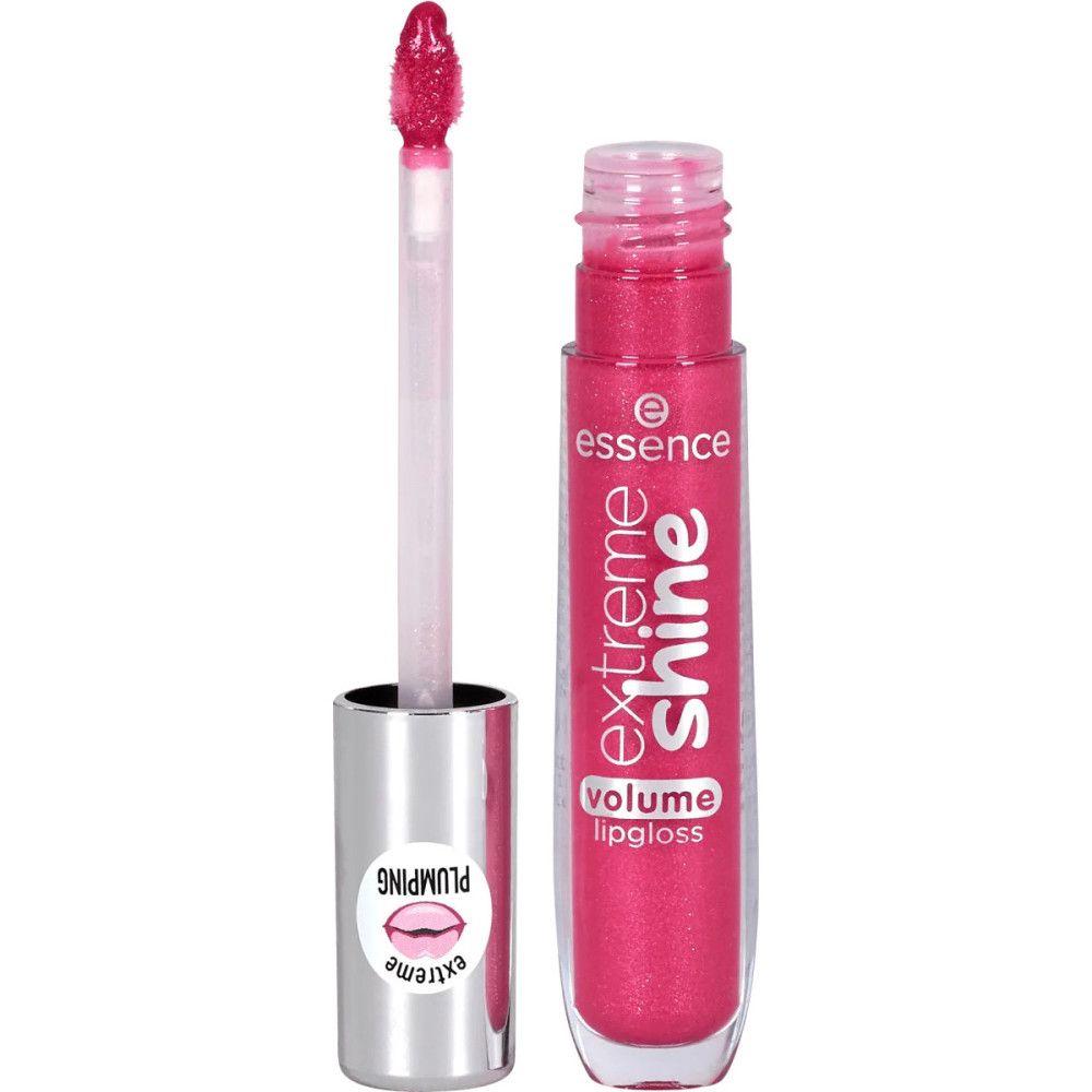 Essence Extreme Glanz Volumen Lipgloss. Geöffnete Tube mit Applikator. Pinkfarbener Inhalt. Silberner Deckel mit Aufschrift. "Extreme Plumping" und "Extreme Shine" Text.