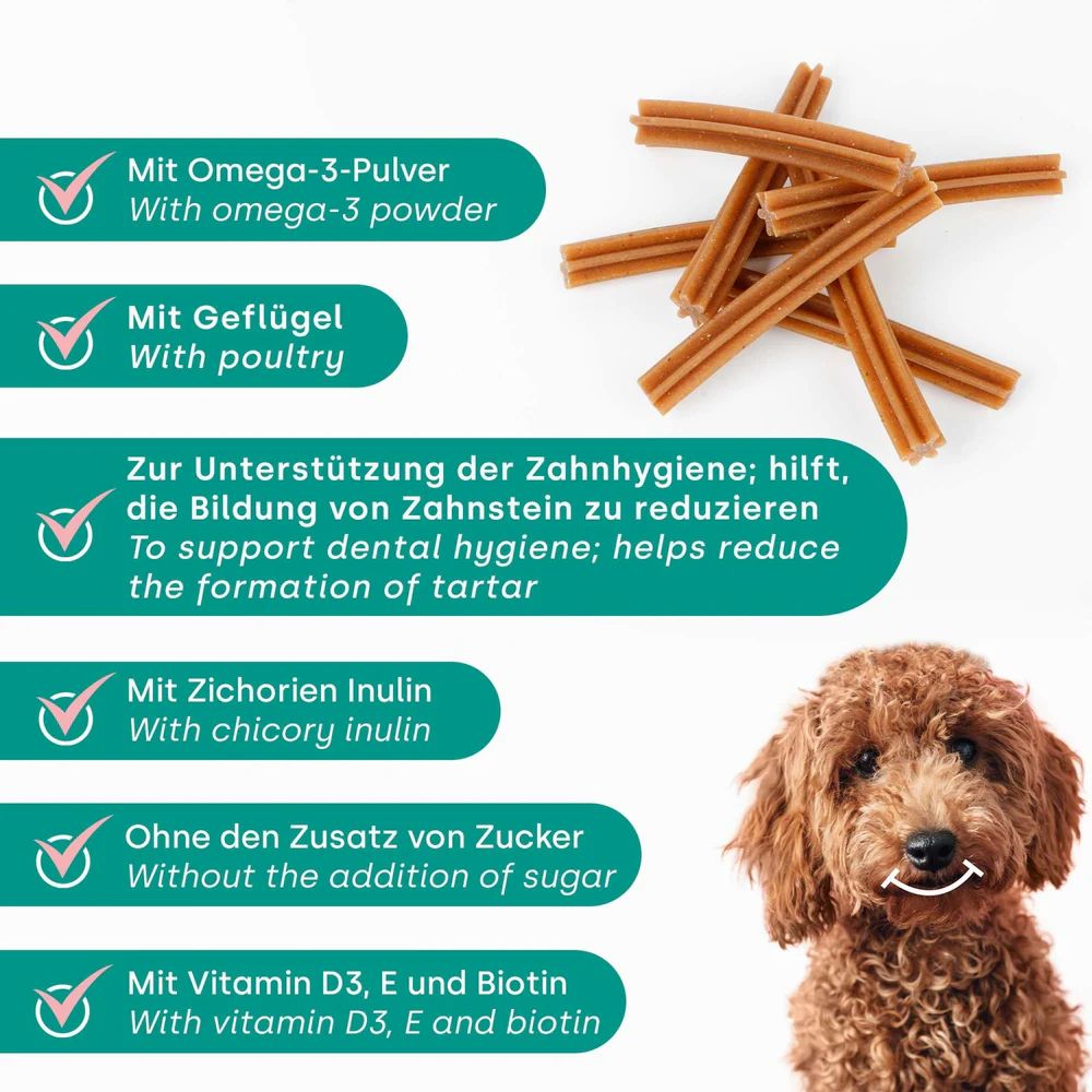 Braune Sticks mit Texten: Mit Omega-3-Pulver, Mit Geflügel, Mit Zichorien Inulin, Ohne Zuckerzusatz, Mit Vitamin D3, E und Biotin.