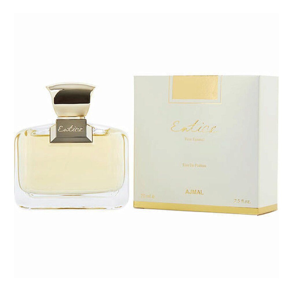 Parfümflakon und Verpackung. Flakon mit goldfarbenem Verschluss. Weiße Schachtel mit goldfarbenem Etikett.