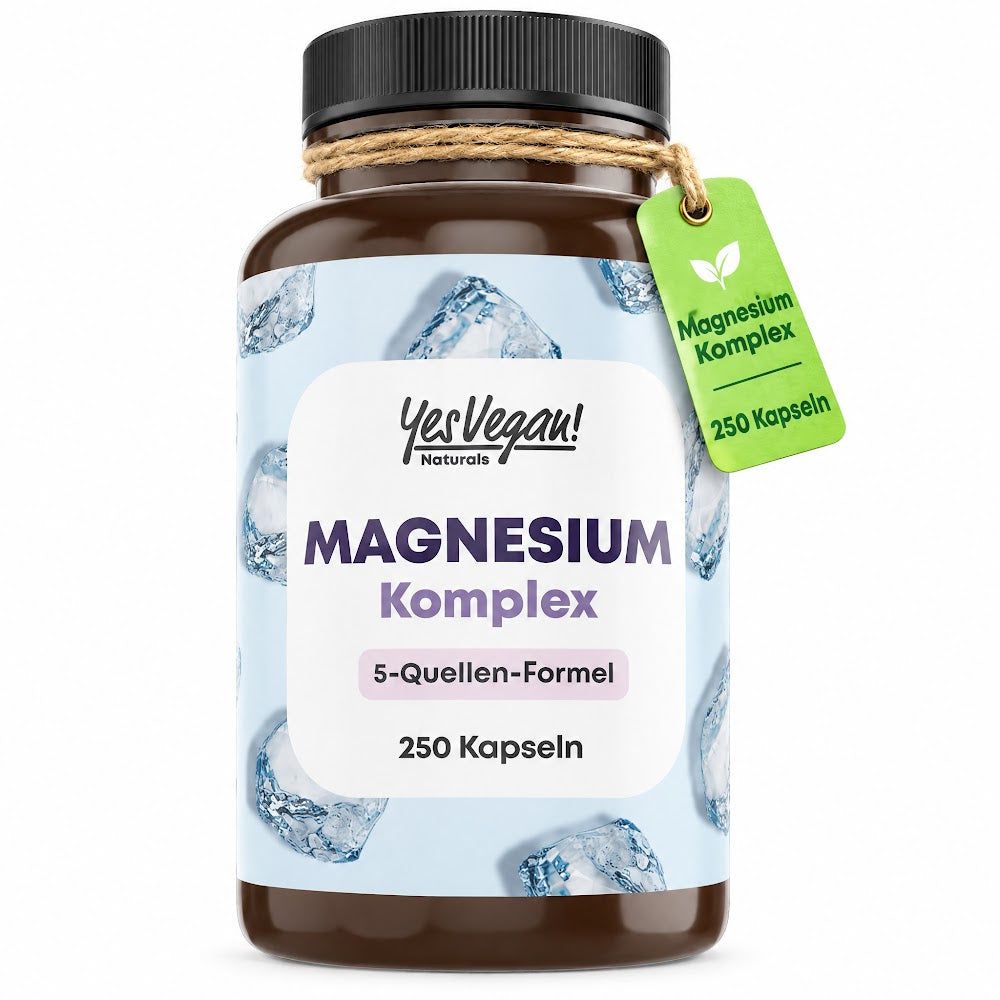 Braune Flasche mit 250 Kapseln Magnesium Komplex, 5-Quellen-Formel. Marke: Yes Vegan! Naturals.