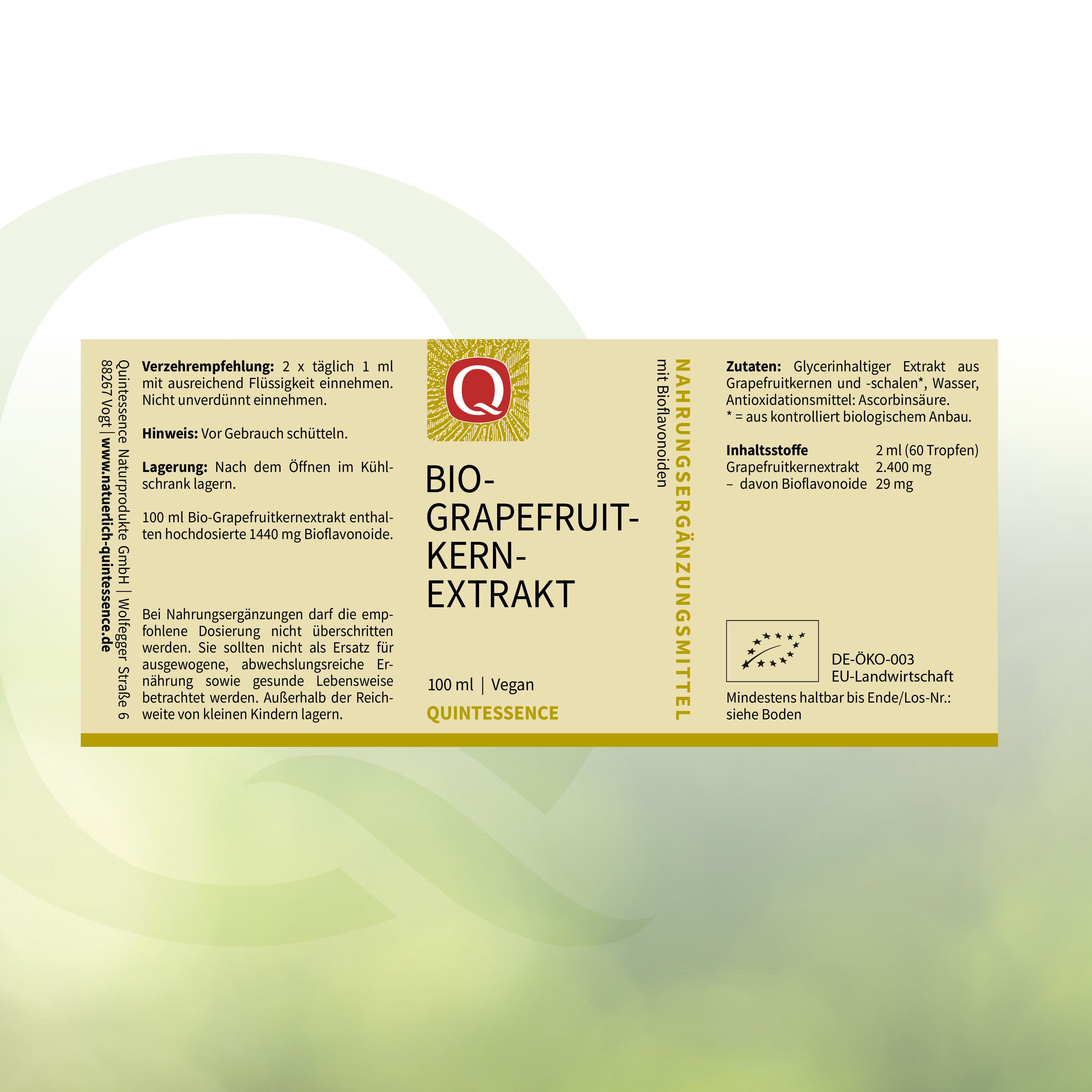 Etikett mit Produktname, Marke und Inhaltsstoffen. Vegan. EU-Bio-Logo.