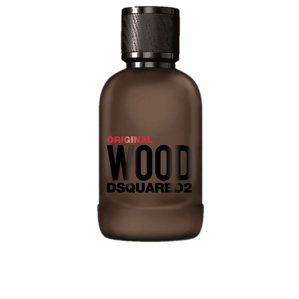 Braune Parfümflasche mit schwarzem Deckel. Aufschrift: Original Wood Dsquared2.
