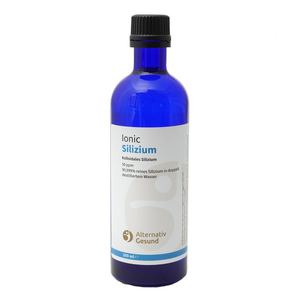 Blaue Glasflasche mit schwarzem Deckel. Etikett mit Text: Ionic Silizium, Kolloidales Silizium, 50 ppm, Alternativ Gesund.