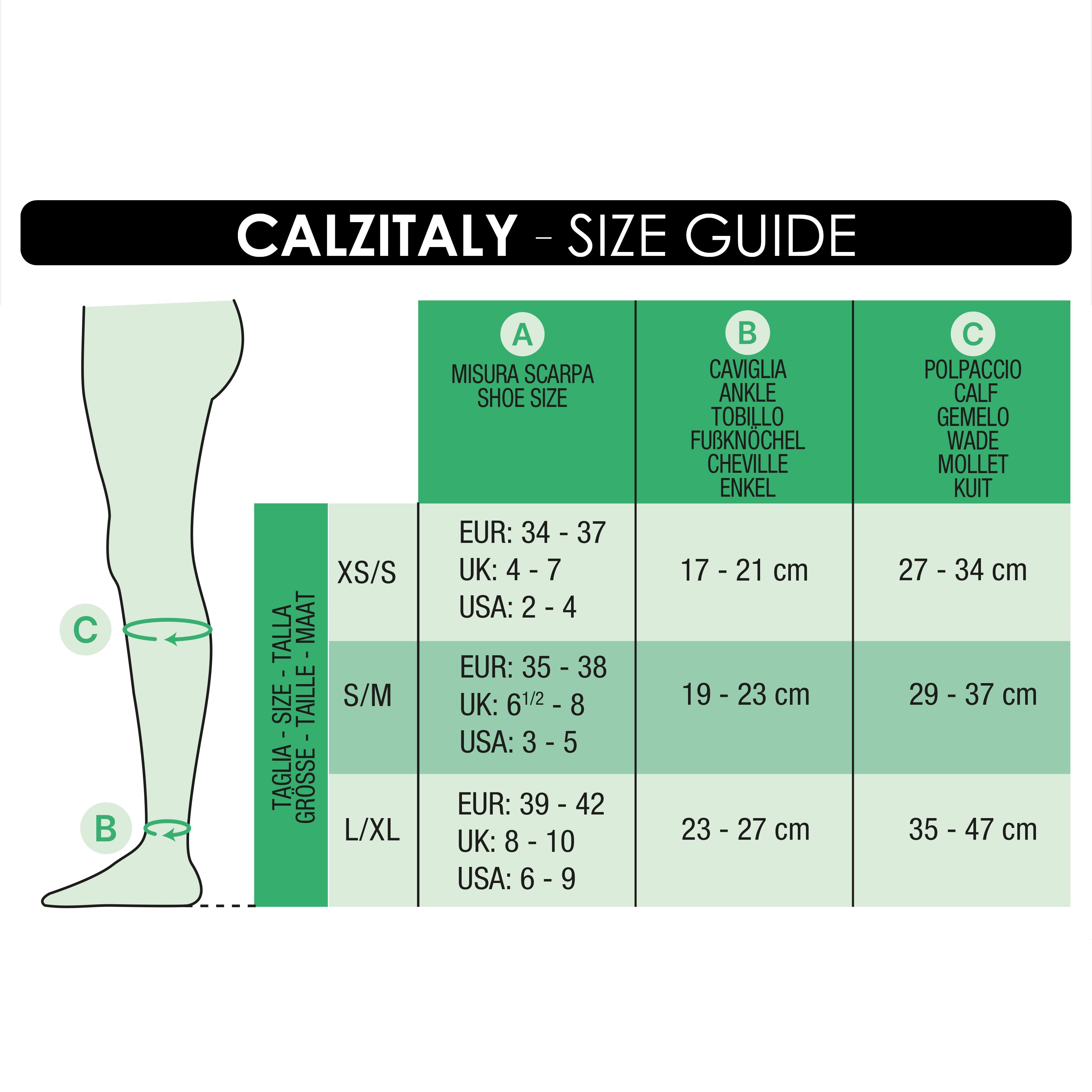 Größentabelle für Kompressionsstrümpfe. Maße für Schuhgröße, Knöchel, Wade.