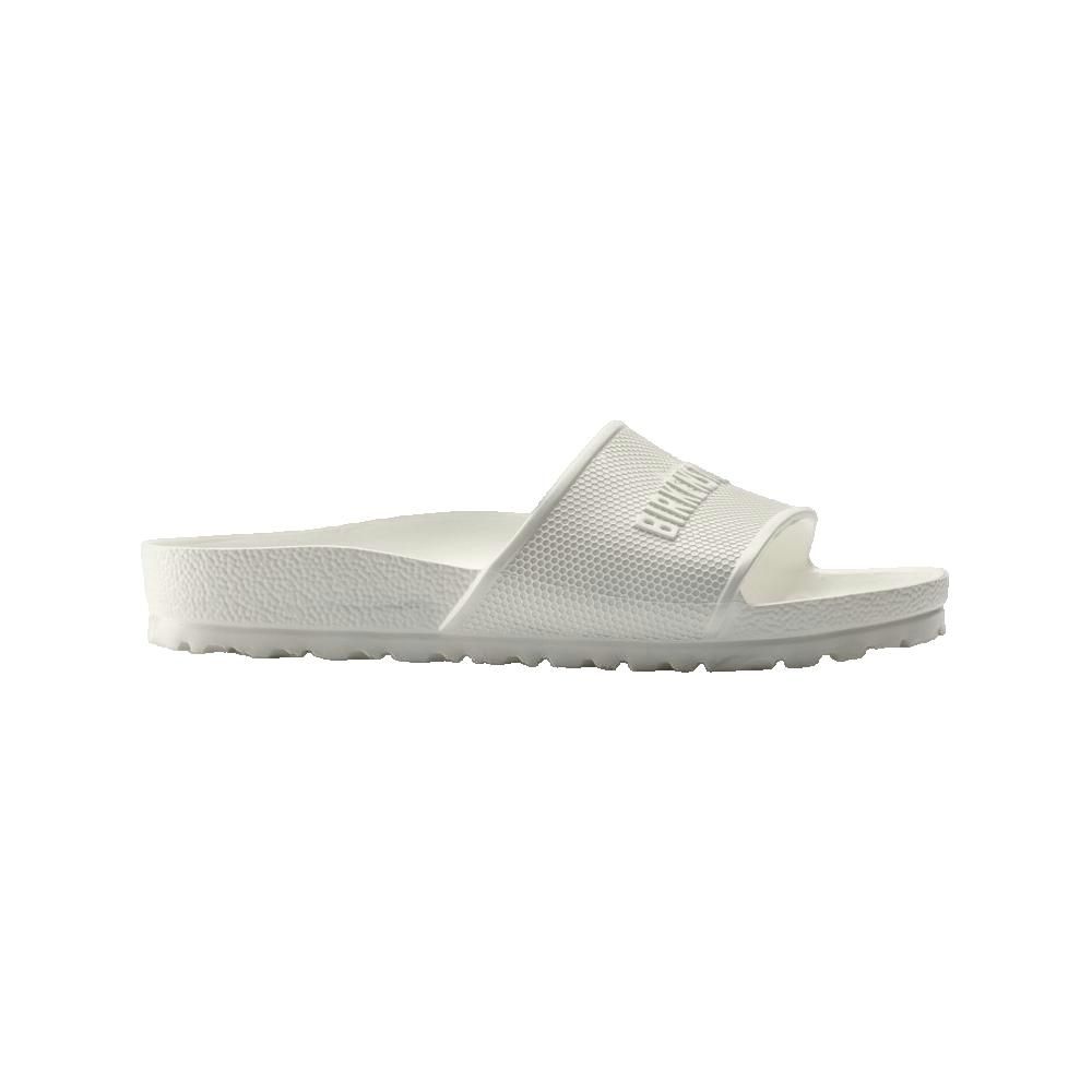 Sandalo Birkenstock bianco. Logo in rilievo sulla tomaia. Suola scolpita. Vista singola.