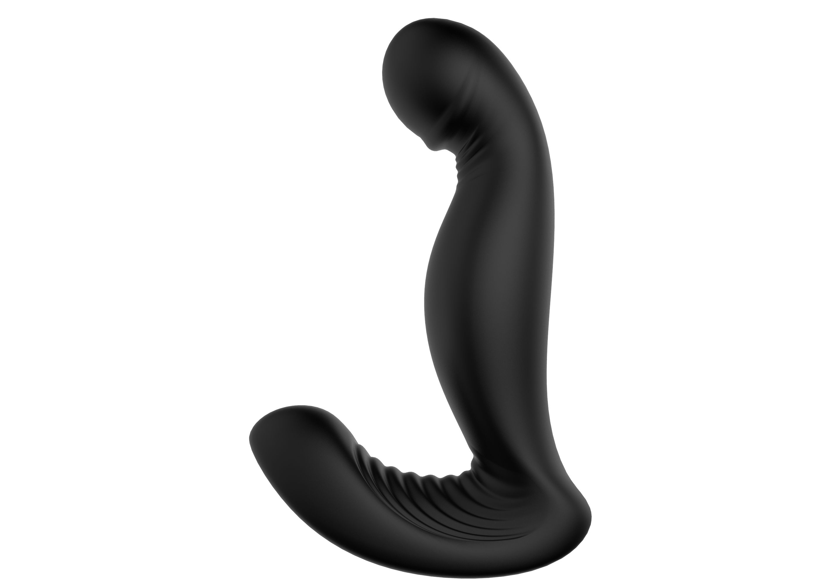 Schwarzer, gebogener Vibrator mit geriffelter Basis. Oberteil mit abgerundeter Spitze. Auf weißem Hintergrund.