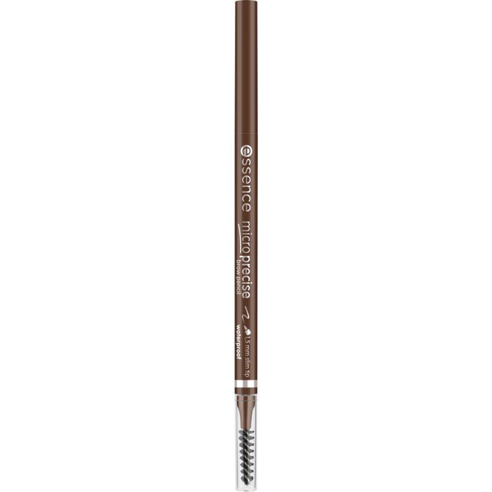 Brauner Augenbrauenstift mit Bürste. Aufschrift: essence micro precise waterproof.