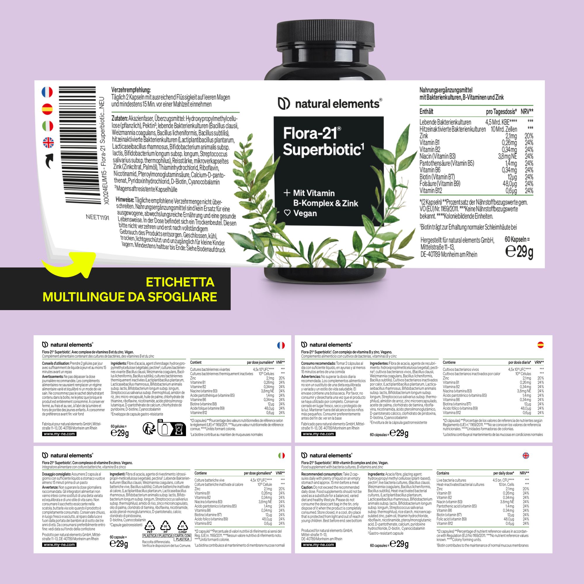 Flasche mit Natural Elements Flora-21 Superbiotic Kapseln und mehrsprachiger Etikettinformation.