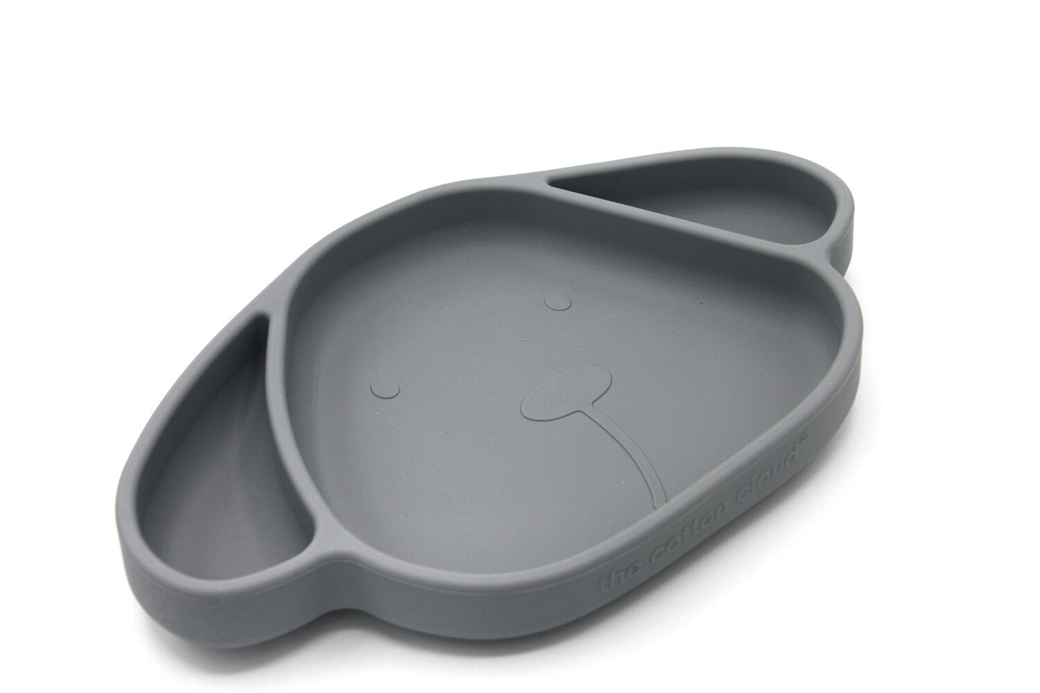 Graue Teller in Bärenform mit geteilten Fächern. Silikonmaterial. Aufschrift: Teller Milo Grey.