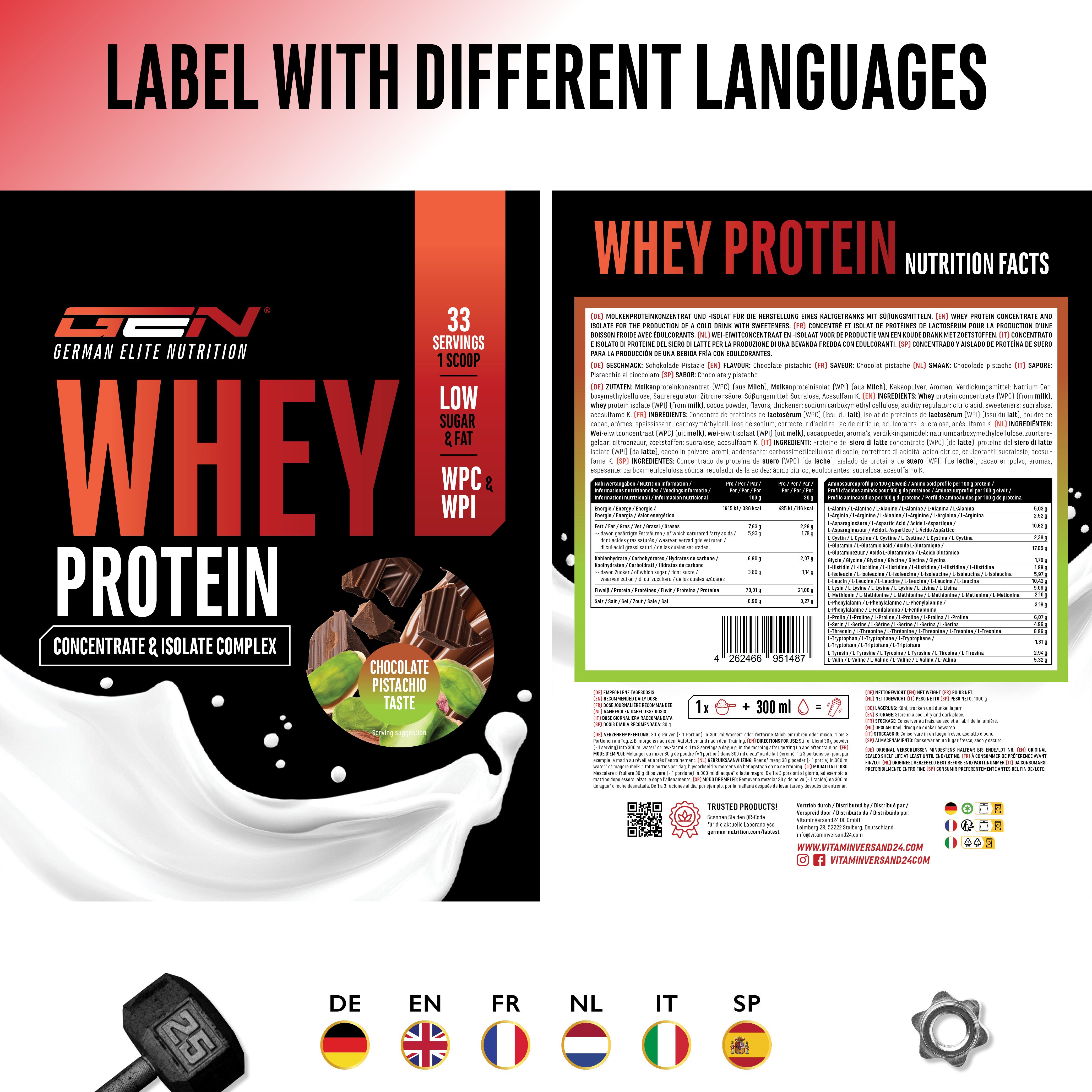 Produktverpackung mit Whey Protein. Vorder- und Rückseite. Text in verschiedenen Sprachen: Deutsch, Englisch, Französisch, Niederländisch, Italienisch, Spanisch.