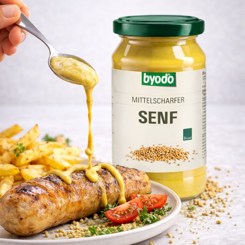 Byodo Mittelscharfer Senf im Glas, wird auf eine Bratwurst geträufelt.
