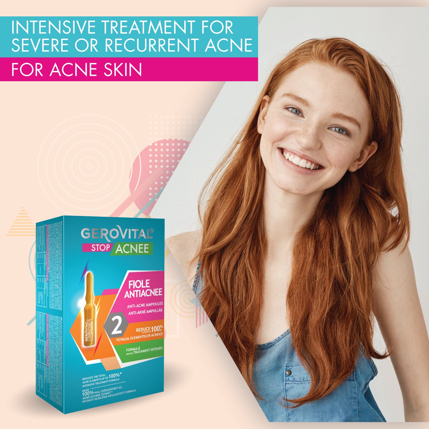 Eine Frau lächelt. Neben ihr eine Produktverpackung mit "Gerovital Stop Acne".