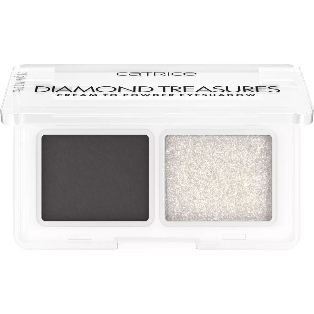 Catrice Diamond Treasures Lidschatten-Palette. Zwei Farben: Dunkelgrau und Silber. Transparente Verpackung mit Produktnamen.