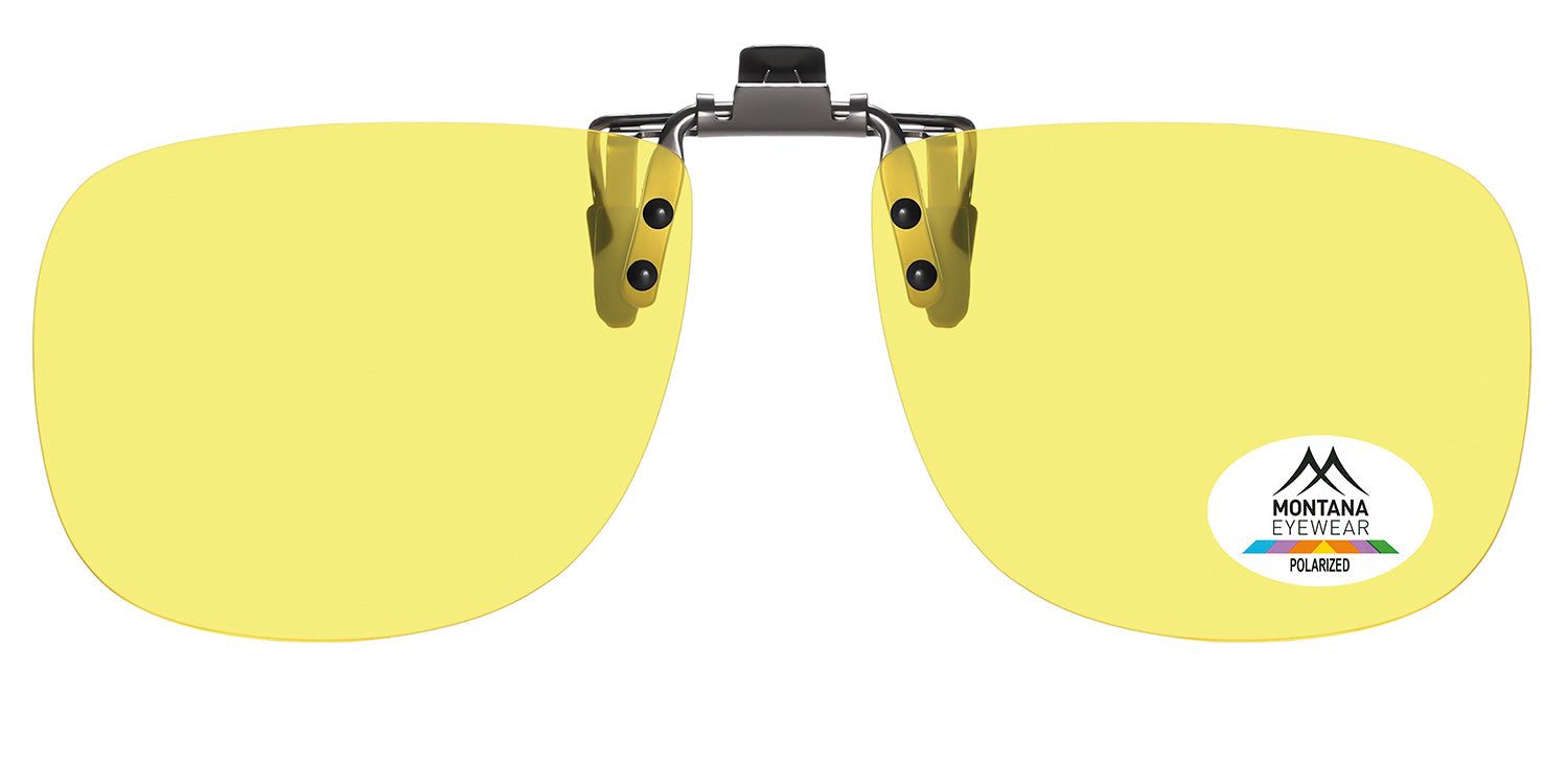 Gelbe Montana Eyewear Mauritius Clip-on-Sonnenbrille. Ovales Design, Metallclip, Polarized-Logo.