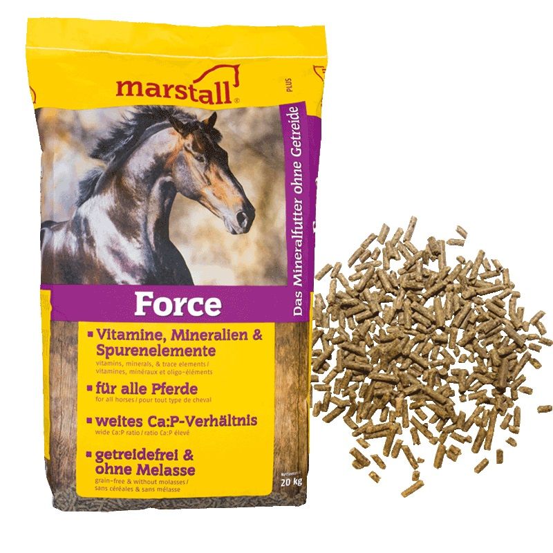 Marstall Force Futterbeutel mit Pferdekopf-Illustration und Pellets. Enthält Vitamine, Mineralien & Spurenelemente.