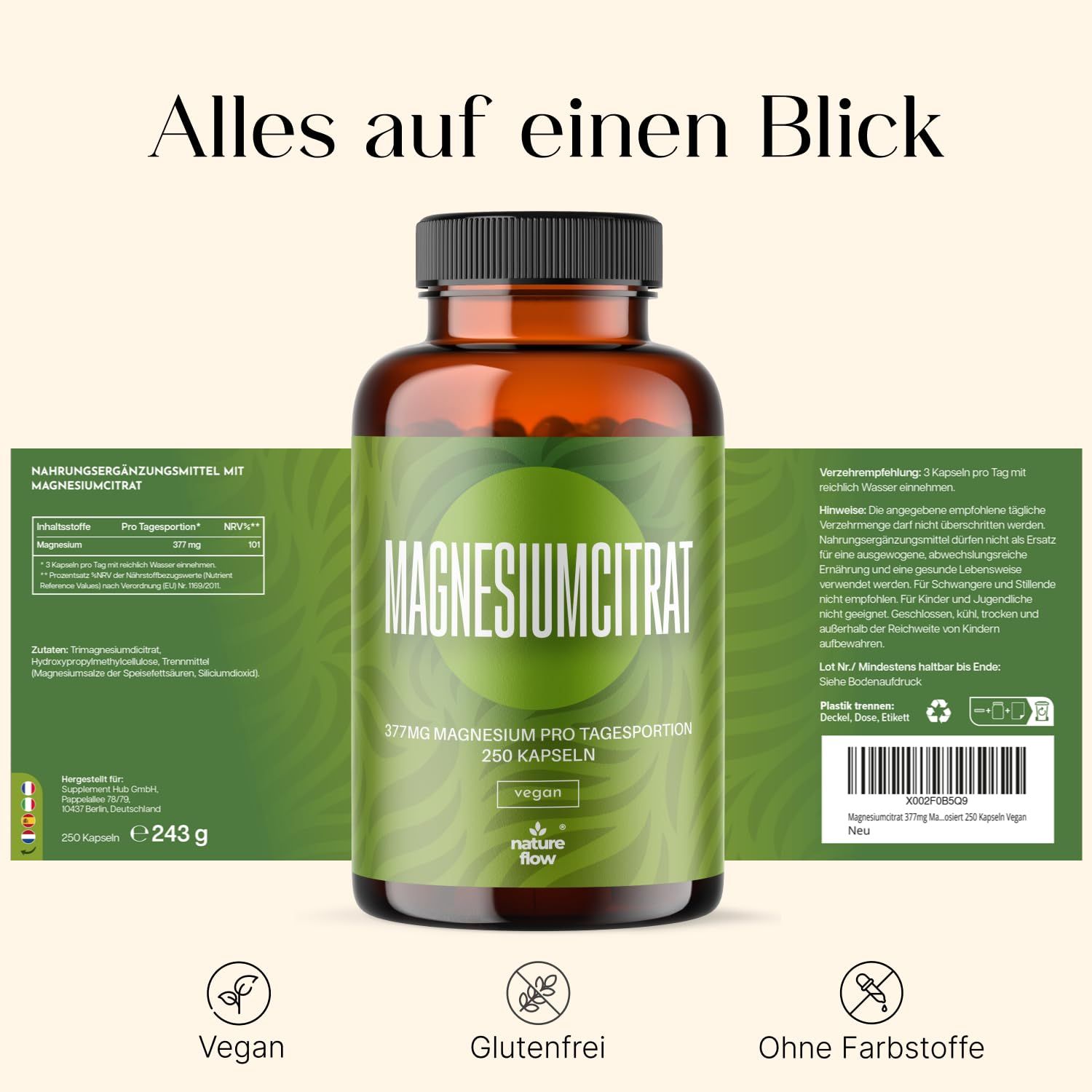Braune Glasflasche mit grünem Etikett. Aufschrift: Magnesiumcitrat, 377mg Magnesium, 250 Kapseln, vegan. Zusätzliche Informationen.