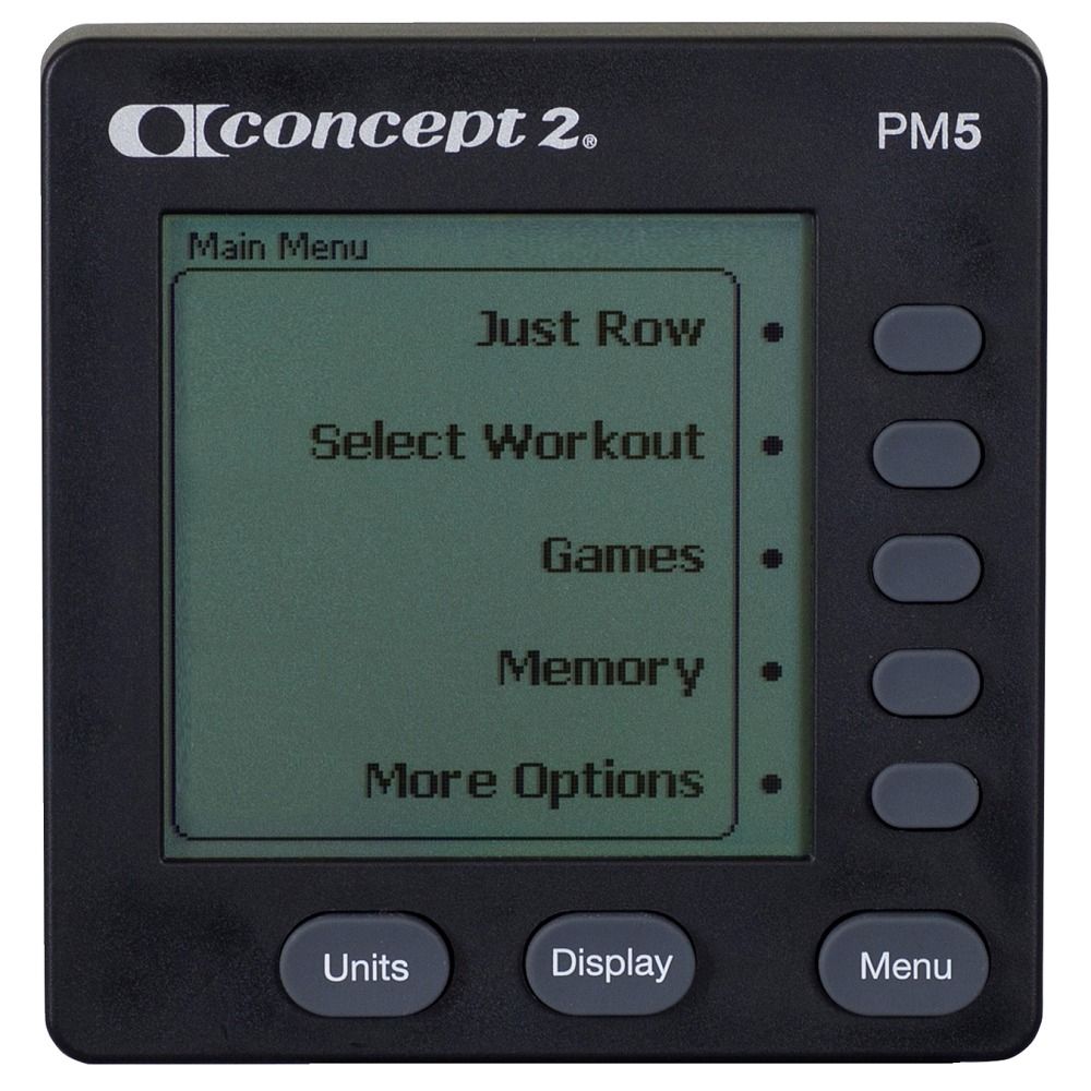 Nahaufnahme des PM5-Monitors eines Concept2 RowErg. Menüoptionen: Just Row, Select Workout, Games, Memory, More Options.