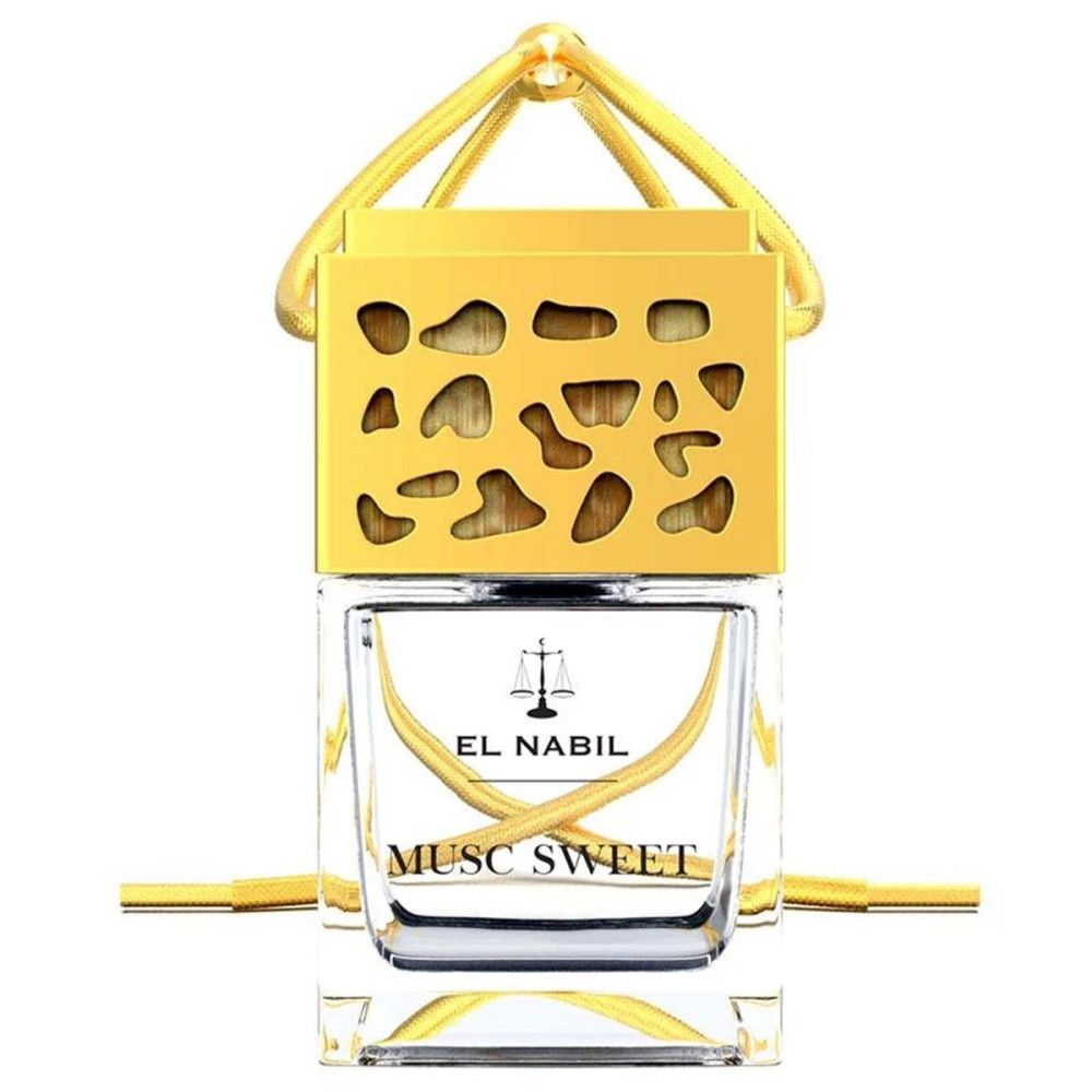Duftspender mit goldfarbenem Deckel und Aufhängung. Auf dem Glas steht "EL NABIL MUSC SWEET".