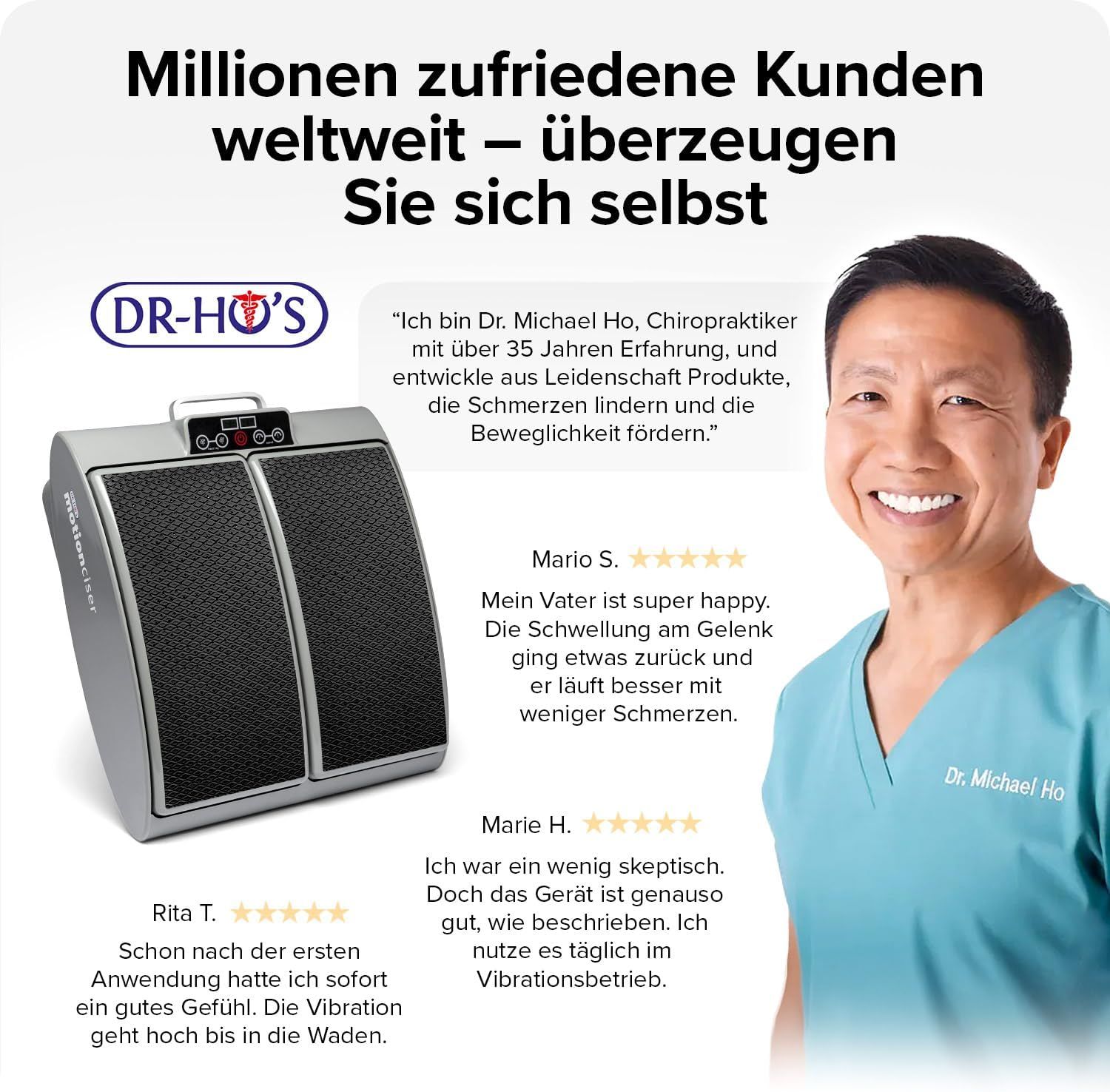 Graues Fußmassagegerät. Zitate von Kunden. Dr. Michael Ho. Produkt und Kundenbewertungen.