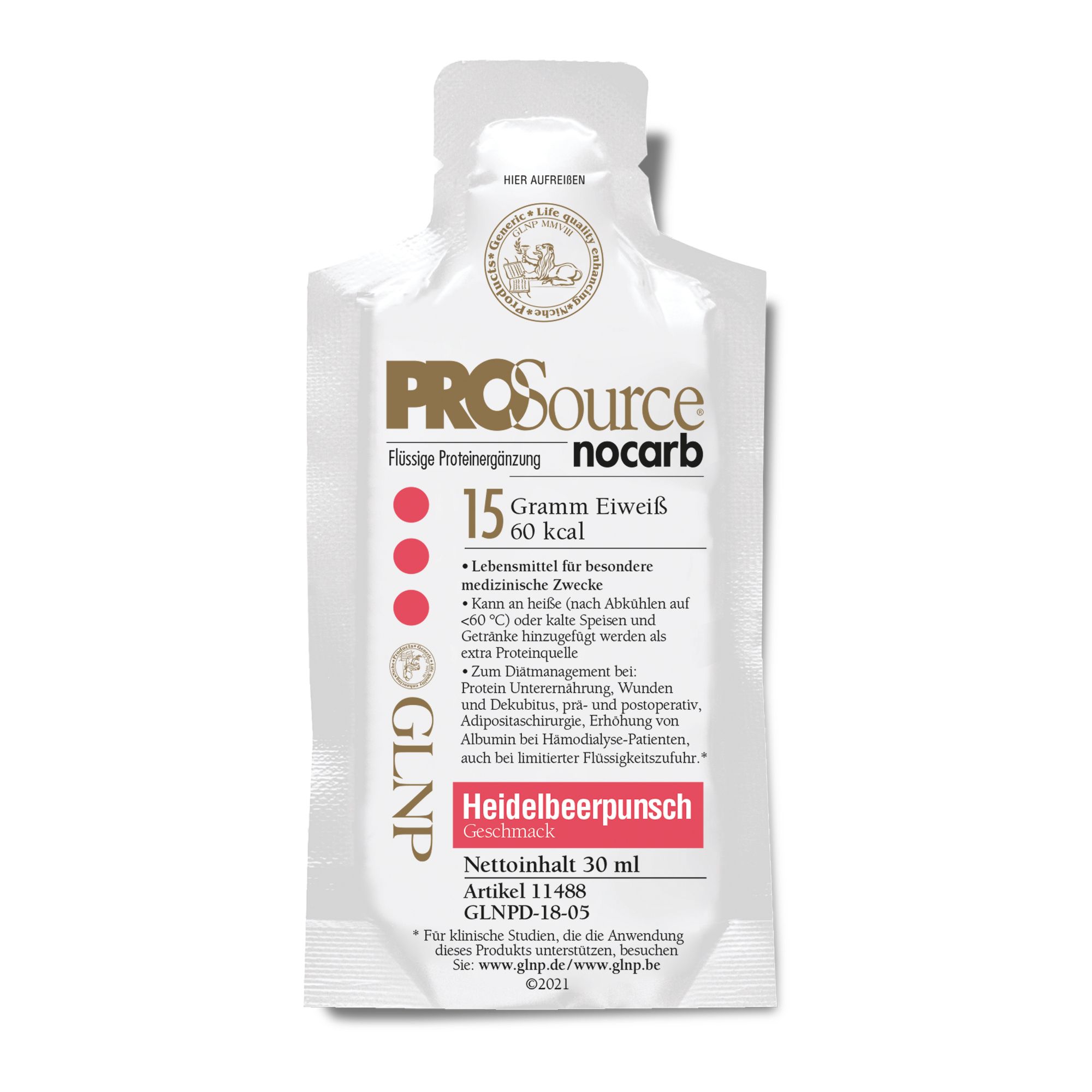 Beutel mit Flüssigprotein. Aufdruck: PROSource no carb, 15g Eiweiß, 60 kcal, Heidelbeerpunsch. GLNP-Logo.