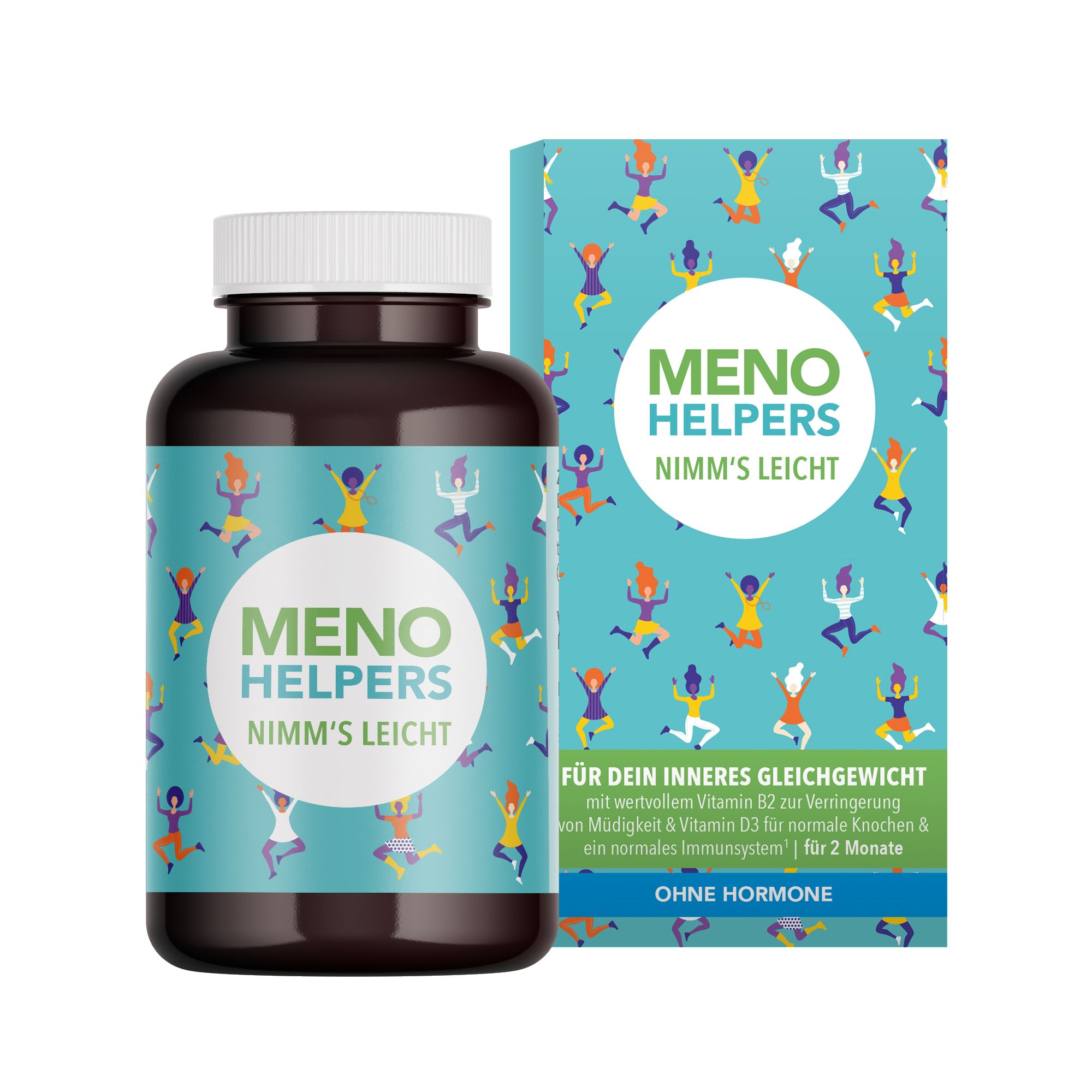 Braune Flasche und Schachtel mit "MENO HELPERS NIMM'S LEICHT"-Etikett. Aufdruck: tanzende Frauen. Ohne Hormone.