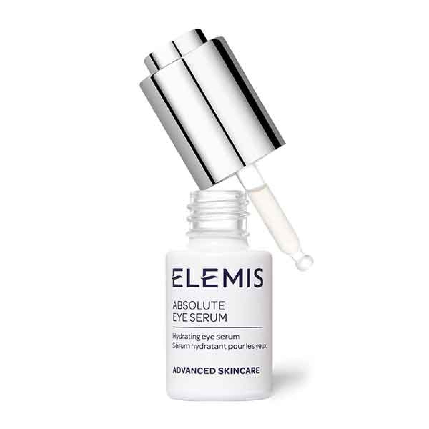 Kleine, weiße Flasche mit silbernem Deckel und Pipette. Aufschrift: Elemis Absolute Eye Serum. Hydratisierendes Augenserum.