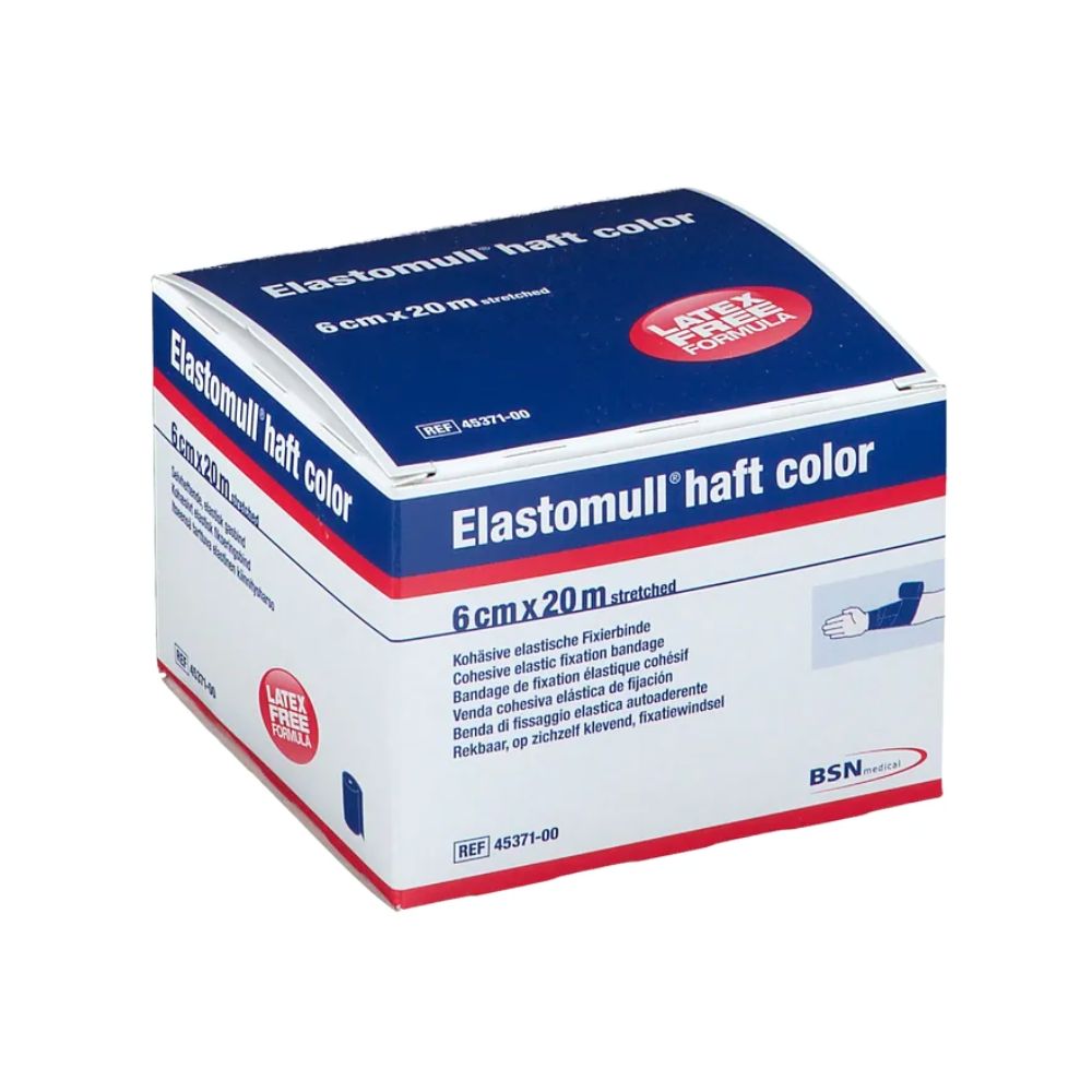 Elastomull haft color Verpackung. Produktname, Größe 6cmx20m, und Latex Free Formula.