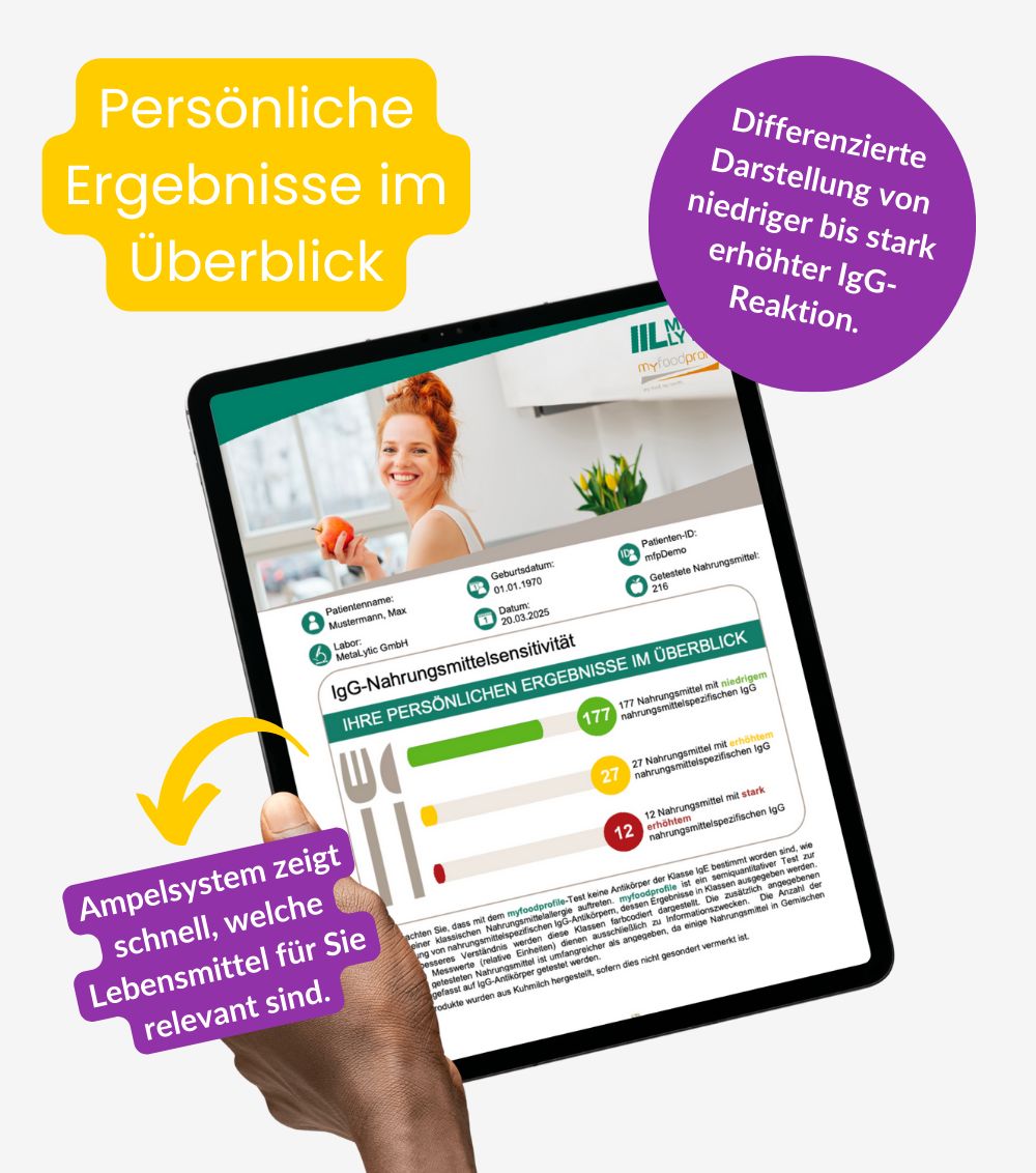 Tablet mit Testergebnissen. Ampelsystem, differenzierte Darstellung von Reaktionen. Frau mit Apfel.