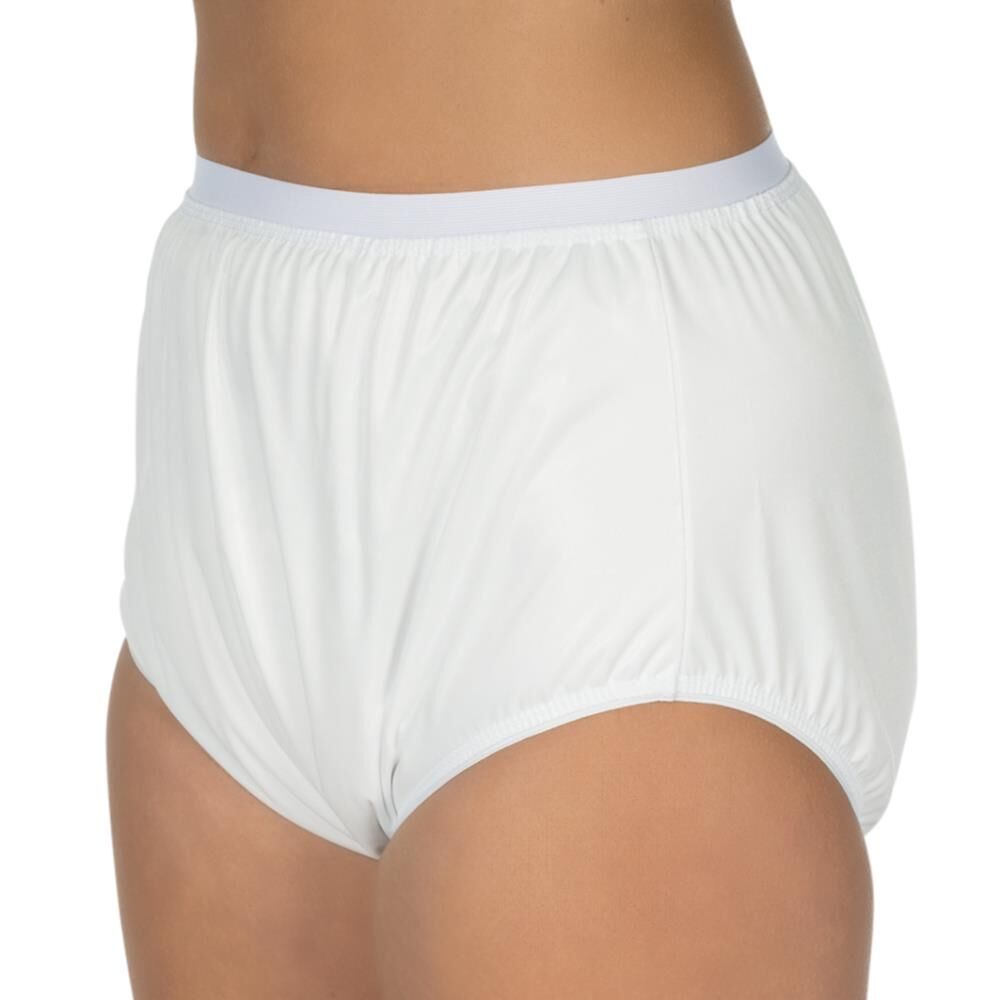 Weißer Inkontinenz-Slip mit Innenfutter, seitliche Ansicht. Elastischer Bund und Beinabschlüsse. PU-Material.