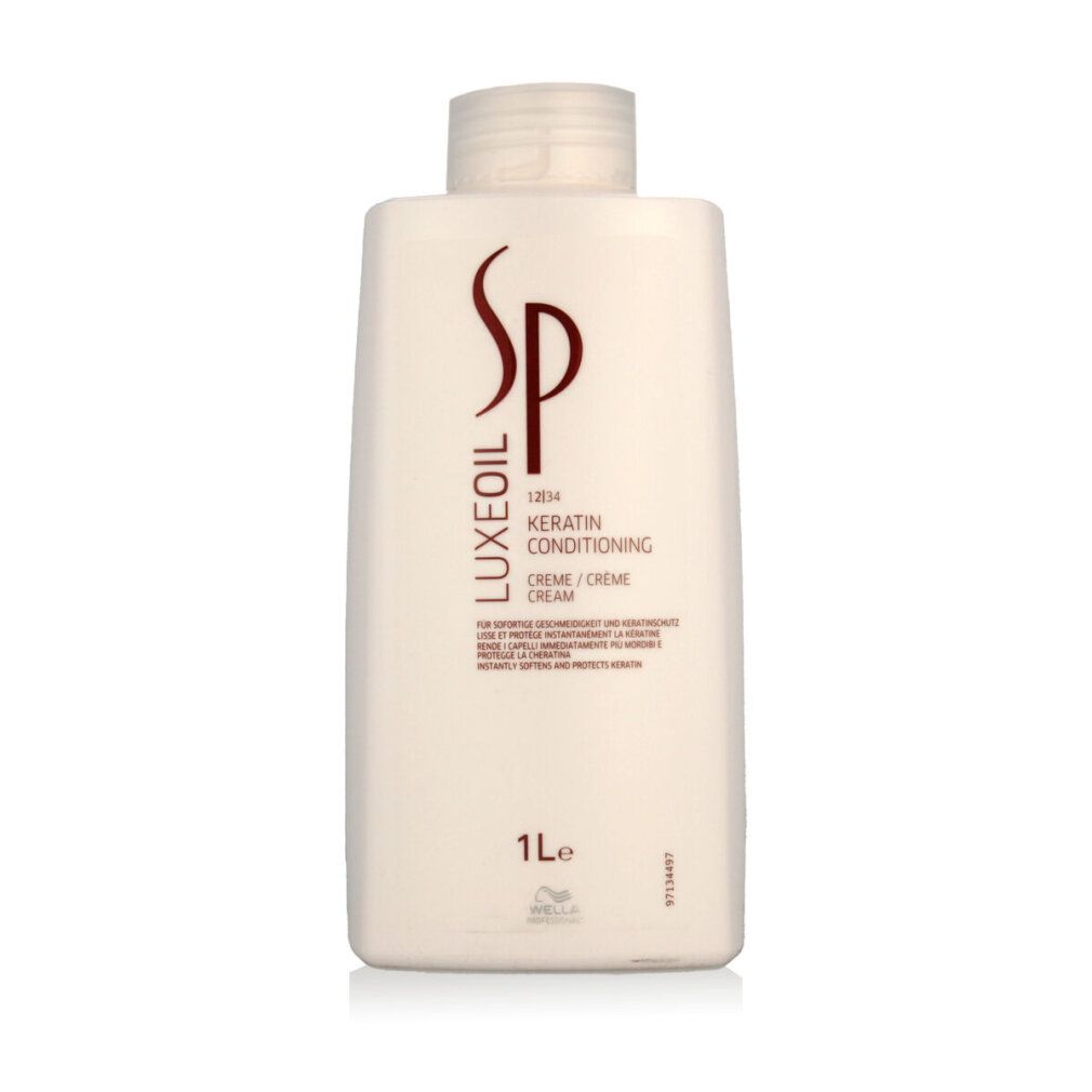 Weißes Shampoo-Flakon mit rotem Logo und Schriftzug. Text: Luxeoil Keratin Conditioning Creme. 1 Le.