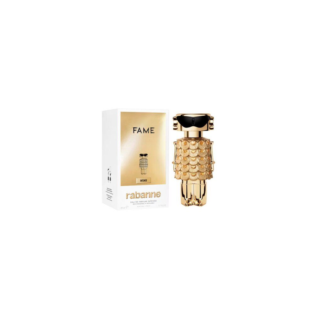 Goldfarbene Flasche und weiße Verpackung. Aufschrift: FAME, rabanne. Flasche in Form einer Figur mit Sonnenbrille. Produkt: Eau de Parfum Intense.