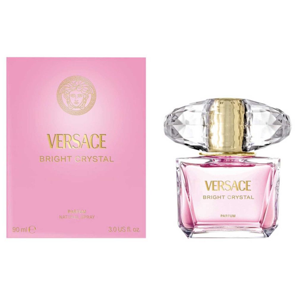 Rosa Parfumflasche und Verpackung. Aufschrift Versace Bright Crystal. Flasche mit Kristallverschluss.