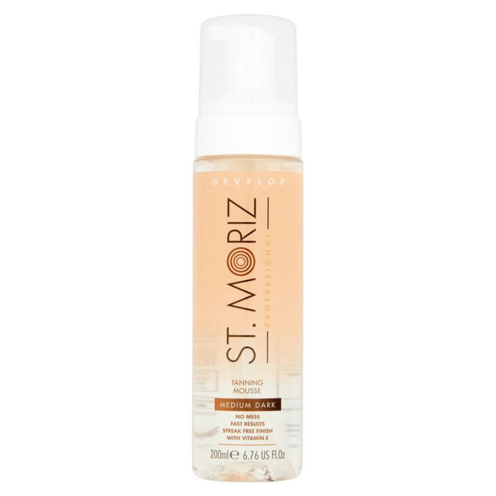 St. Moriz Clear Tanning Mousse Medium to Dark, Flasche mit weißem Verschluss.