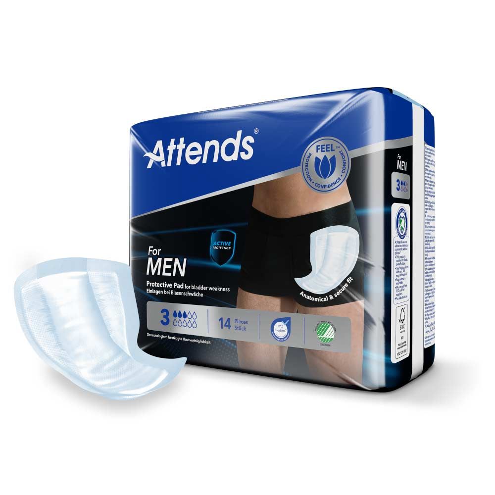 Attends For Men 3, Schutzvorlage neben Verpackung. Anatomisch geformt. Verpackung mit 14 Stück. Für Blasenschwäche.
