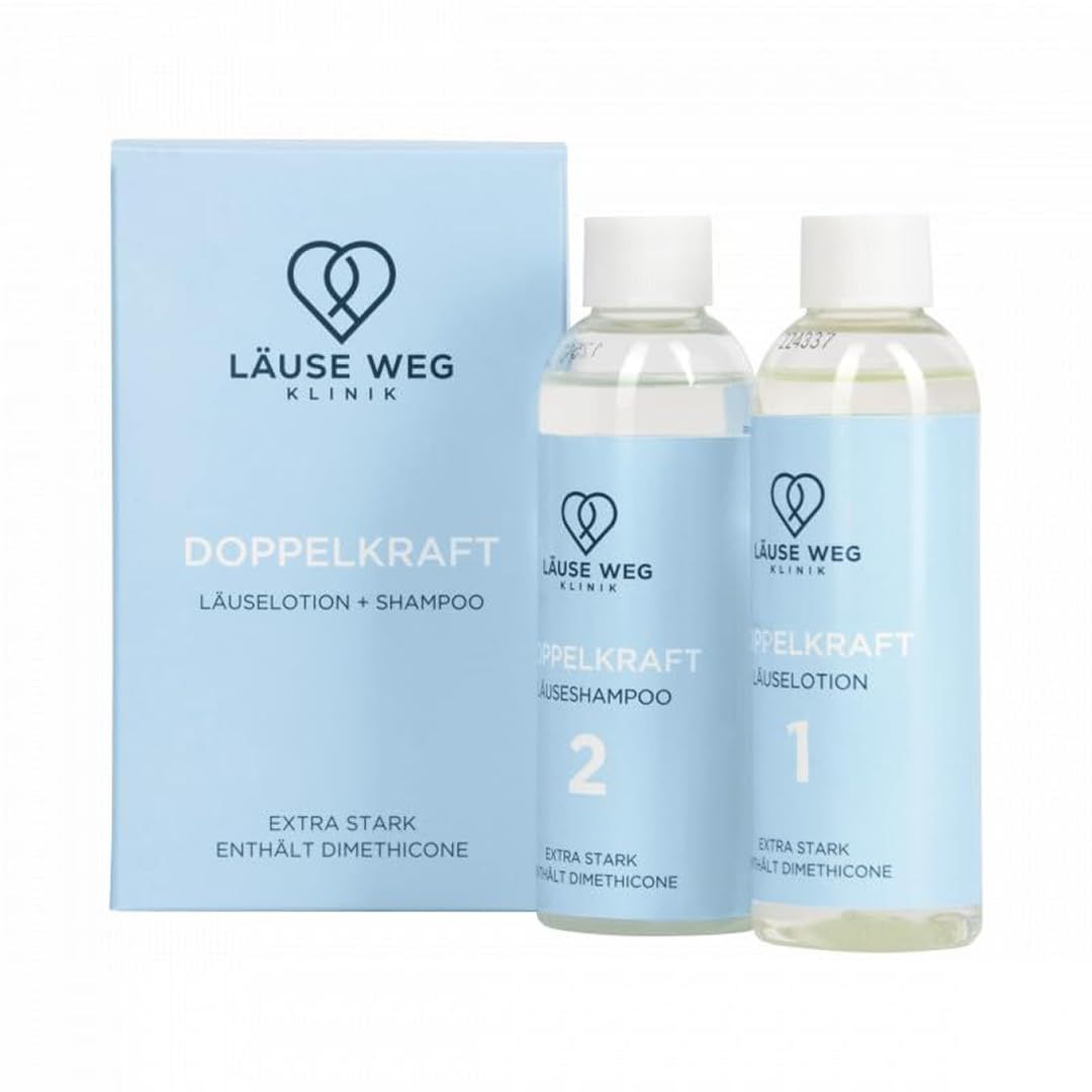 Produktverpackung mit zwei Flaschen. Text: Doppelkraft Läuse Lotion + Shampoo. Logo: Läuse Weg Klinik. Extra Stark. Enthält Dimethicone.