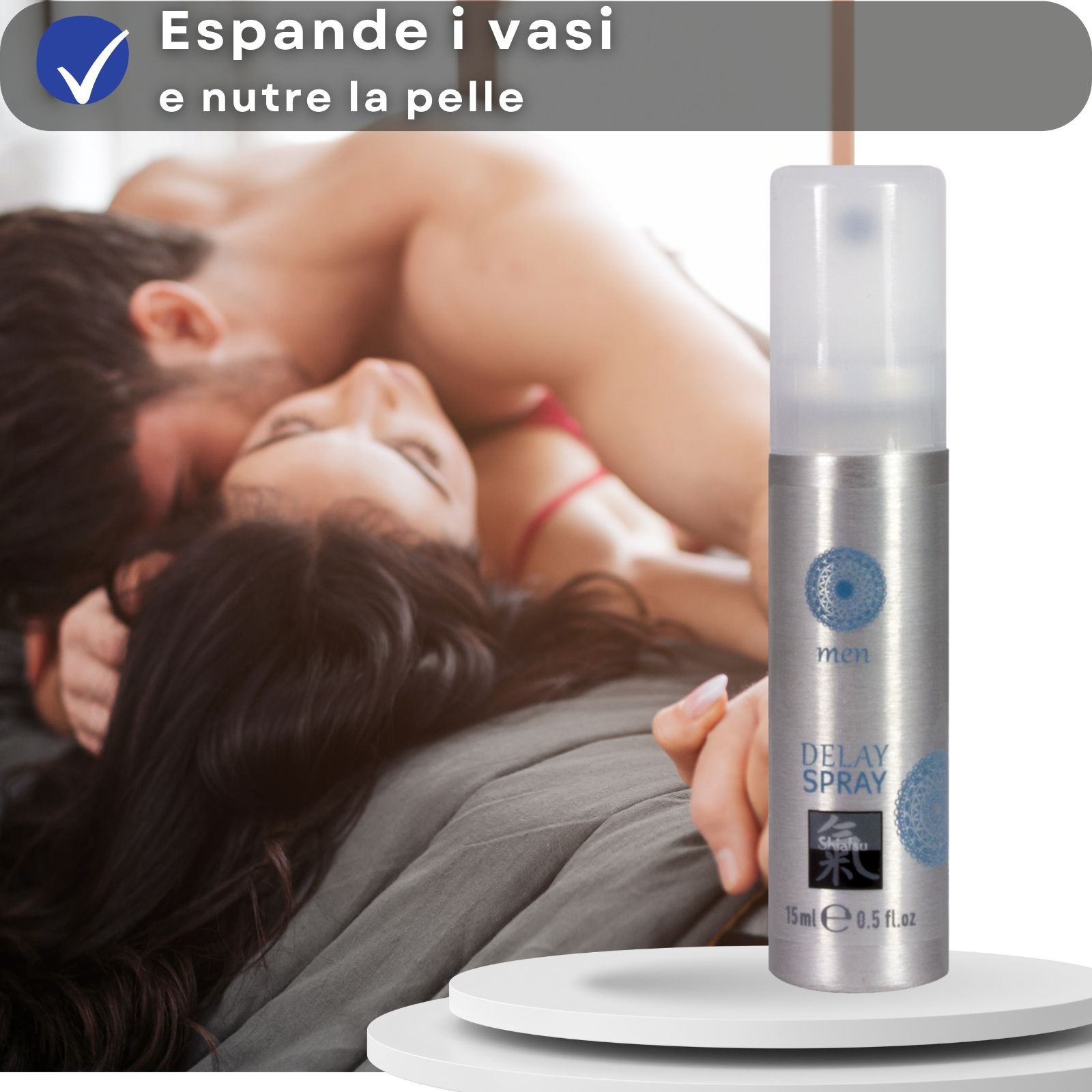 Spray e testo. Testo: Espande i vasi e nutre la pelle. Per uomini. 15ml.