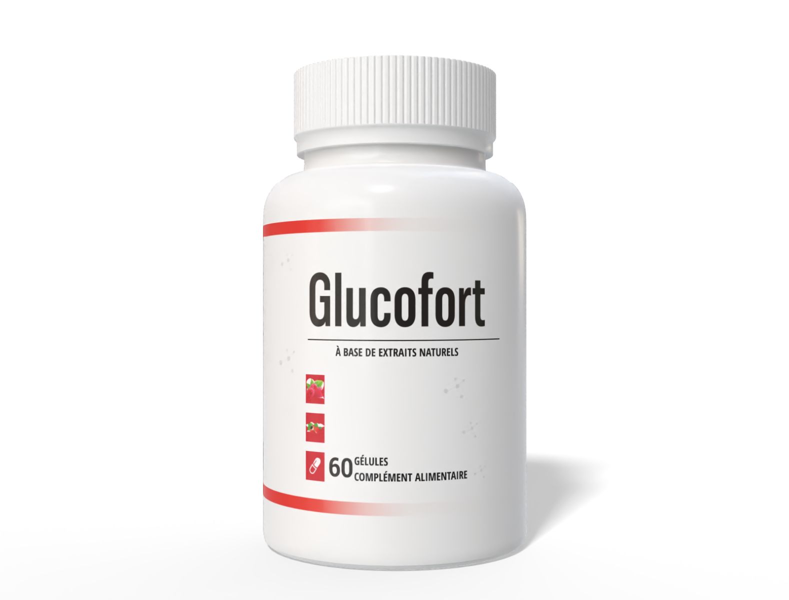 Weiße Flasche mit Glucofort-Etikett. Enthält 60 Kapseln. Aufschrift: À base d'extraits naturels.