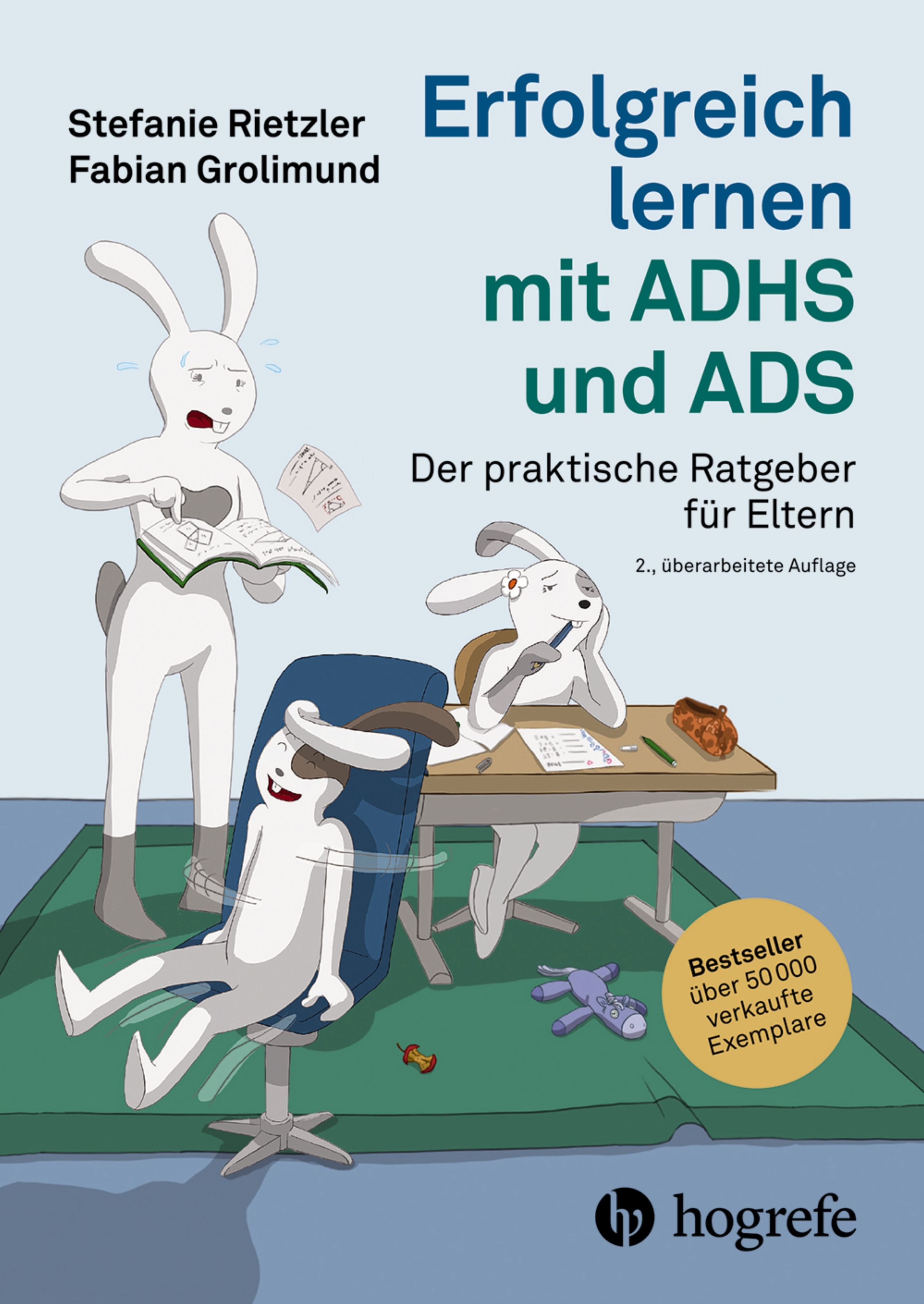 Buchcover: Erfolgreich lernen mit ADHS und ADS. Ratgeber für Eltern. Illustration mit Hasenfiguren. Verlag Hogrefe.