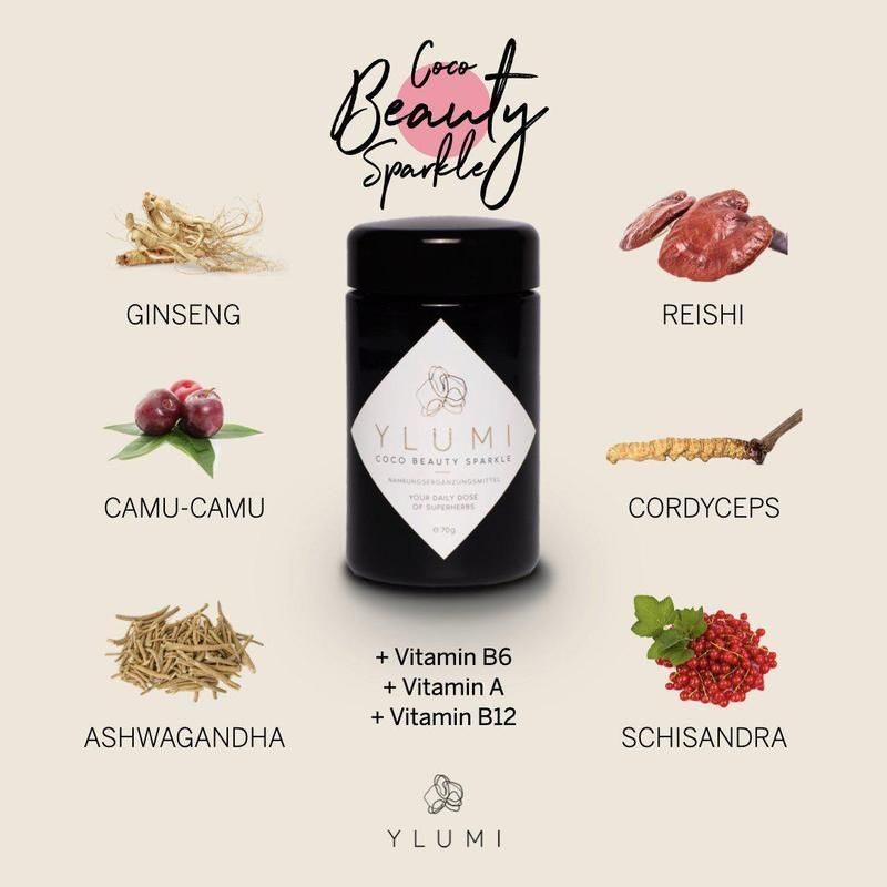 Schwarzes Glas mit Zutaten. Aufschrift: YLUMI COCO BEAUTY SPARKLE. Ginseng, Reishi, Camu-Camu, Cordyceps, Ashwagandha, Schisandra.