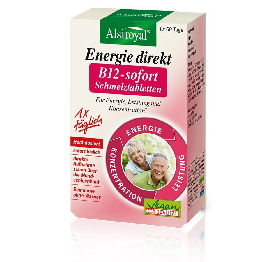 Verpackung von Alsiroyal Energie direkt B12-sofort Schmelztabletten. Enthält eine Abbildung von Personen und das Vegan-Qualitätssiegel.