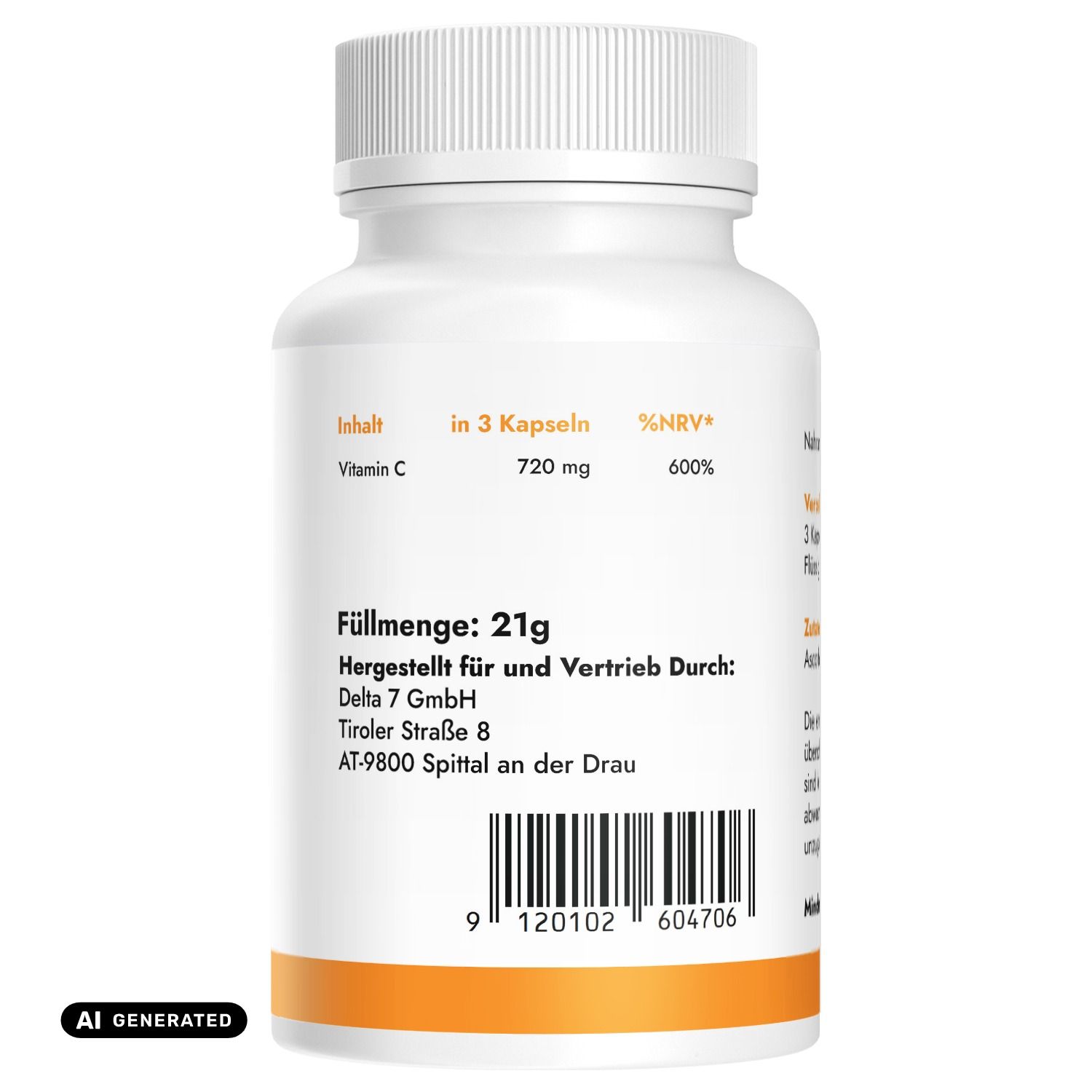 Rückseite einer Pharma Health Vitamin C Kapsel-Flasche mit Nährwertangaben.