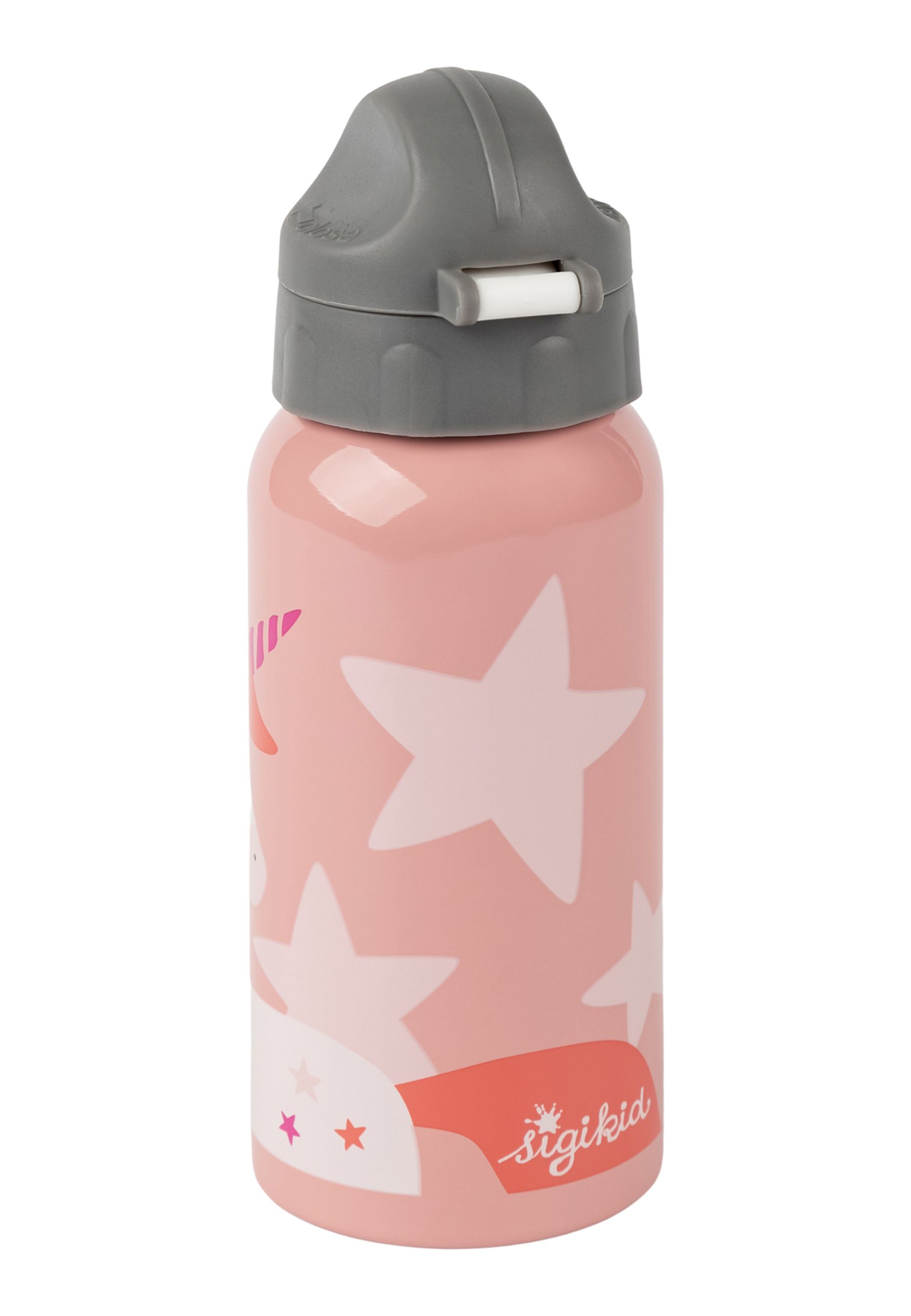 Rosa Trinkflasche mit Sternenmuster. Grauer Deckel mit Trinköffnung. SIGIKID-Logo sichtbar.