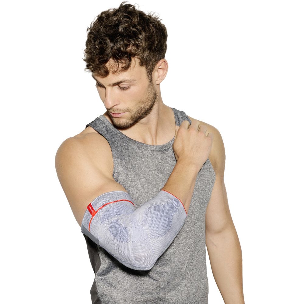 Graue Ellbogenbandage mit roten Akzenten, anatomisch geformt, aus atmungsaktivem Material.